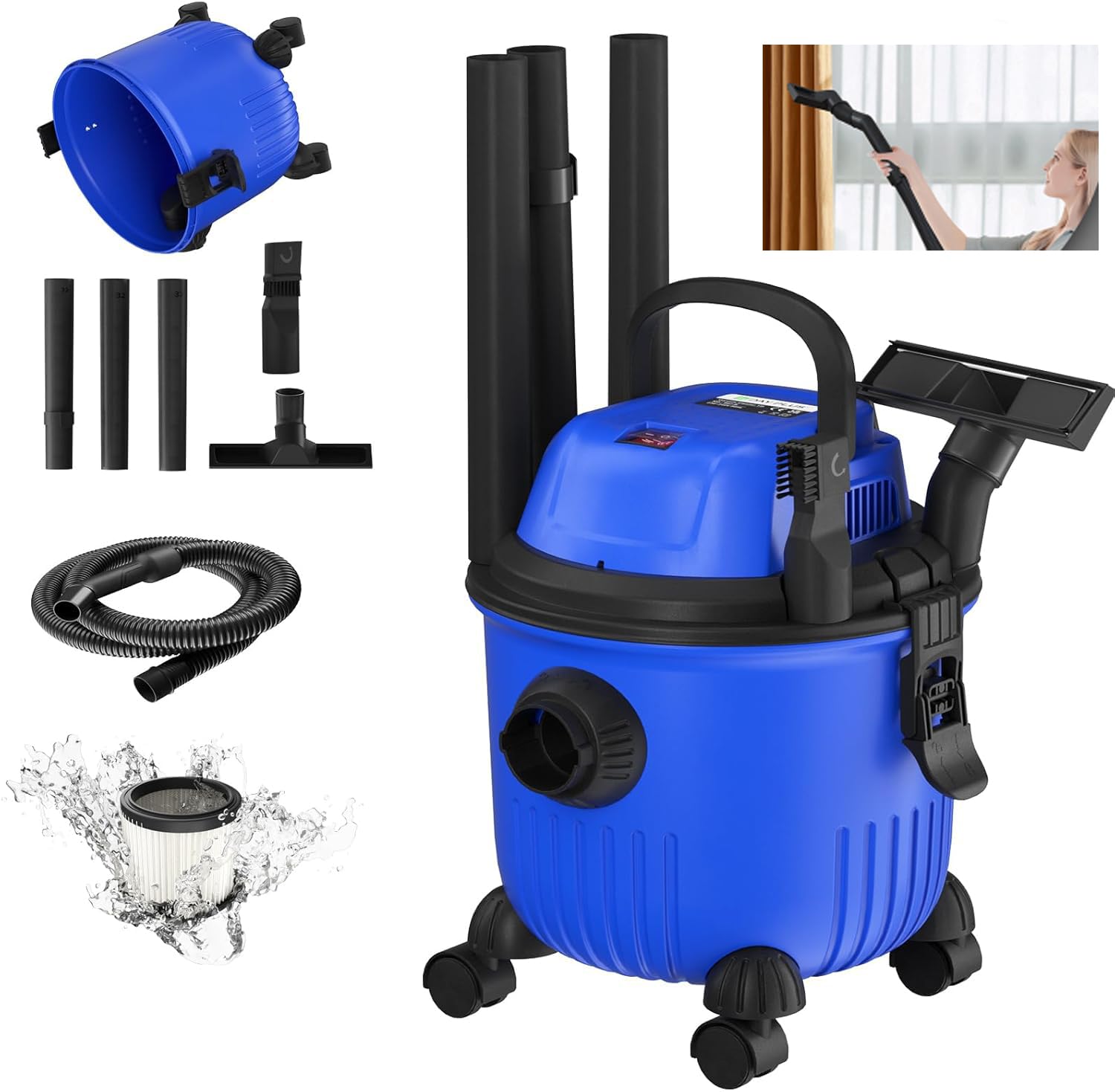 Wet and Dry Vacuum Cleaner, Dust Extractor with Powerful 2000W Motor, Blowing Function, 15L Container, Power Take Off & Washable HEPA Filters, for Home Workshop and Professional Use,Blue