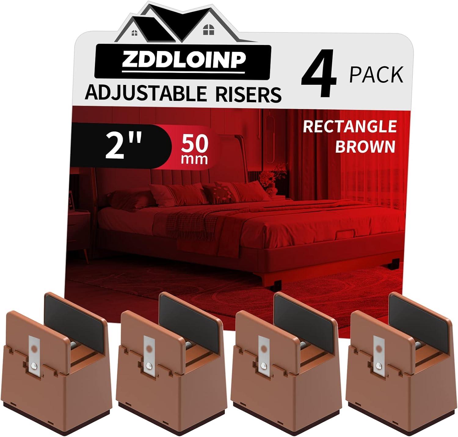 Bed Risers with Adjustable Screw Clamp, Fit Thickness of Furniture Frame from 0 to 1.5 Inch, Elevation in Heights 2" Heavy Duty Risers for Sofa Desk Table Cabinet Supports (4Pack, Brown)