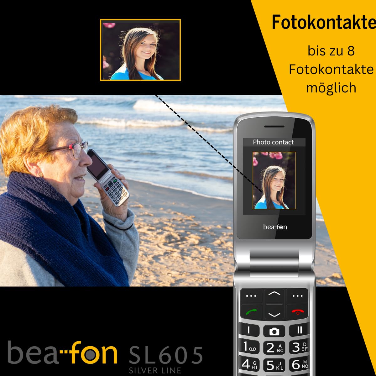 Beafon, SL605, Silverline, Klapphandy, Seniorenhandy mit SOS Notruftaste, Handy, Tastenhandy, iP54, Farbinnendisplay 2,4" (6,09cm) / Farbaußendisplay 1,44" (3,65cm)