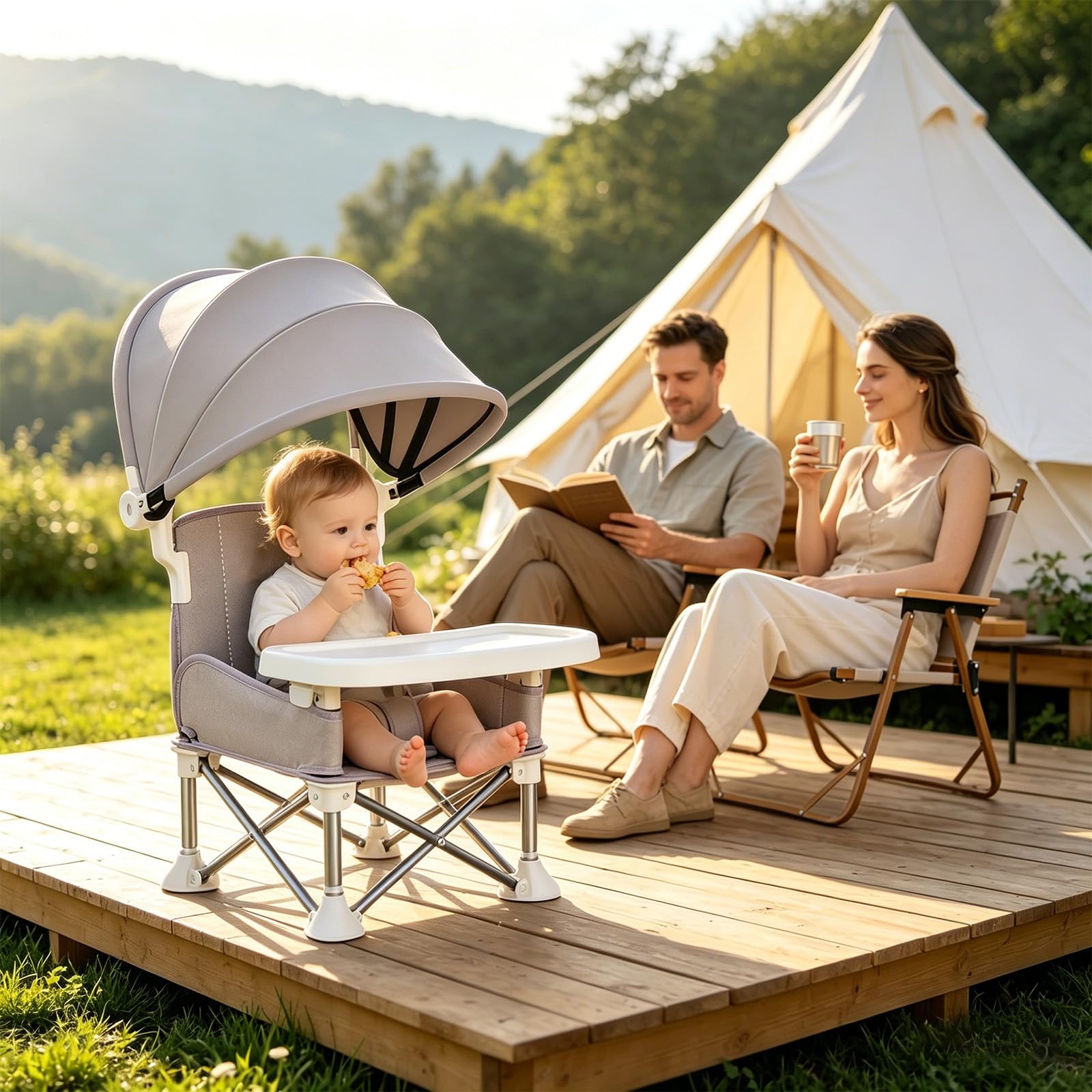 Baby Campingstuhl, Tragbarer, zusammenklappbarer Kinderhochstuhl, für drinnen und draußen geeignet, Kinderklappstuhl mit abnehmbarem Tablett, 6 Monate - 6 Jahre (Grau)