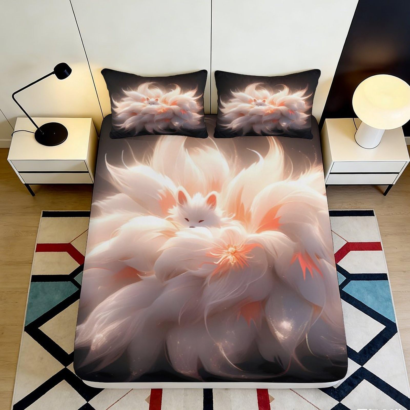 3D Printed Fantasy Fox Fitted Sheet Microfiber Soft Anti-Slip Bed Cover for Bedroom Dorm Mattress Decor 120x200cm 200x200x25cm