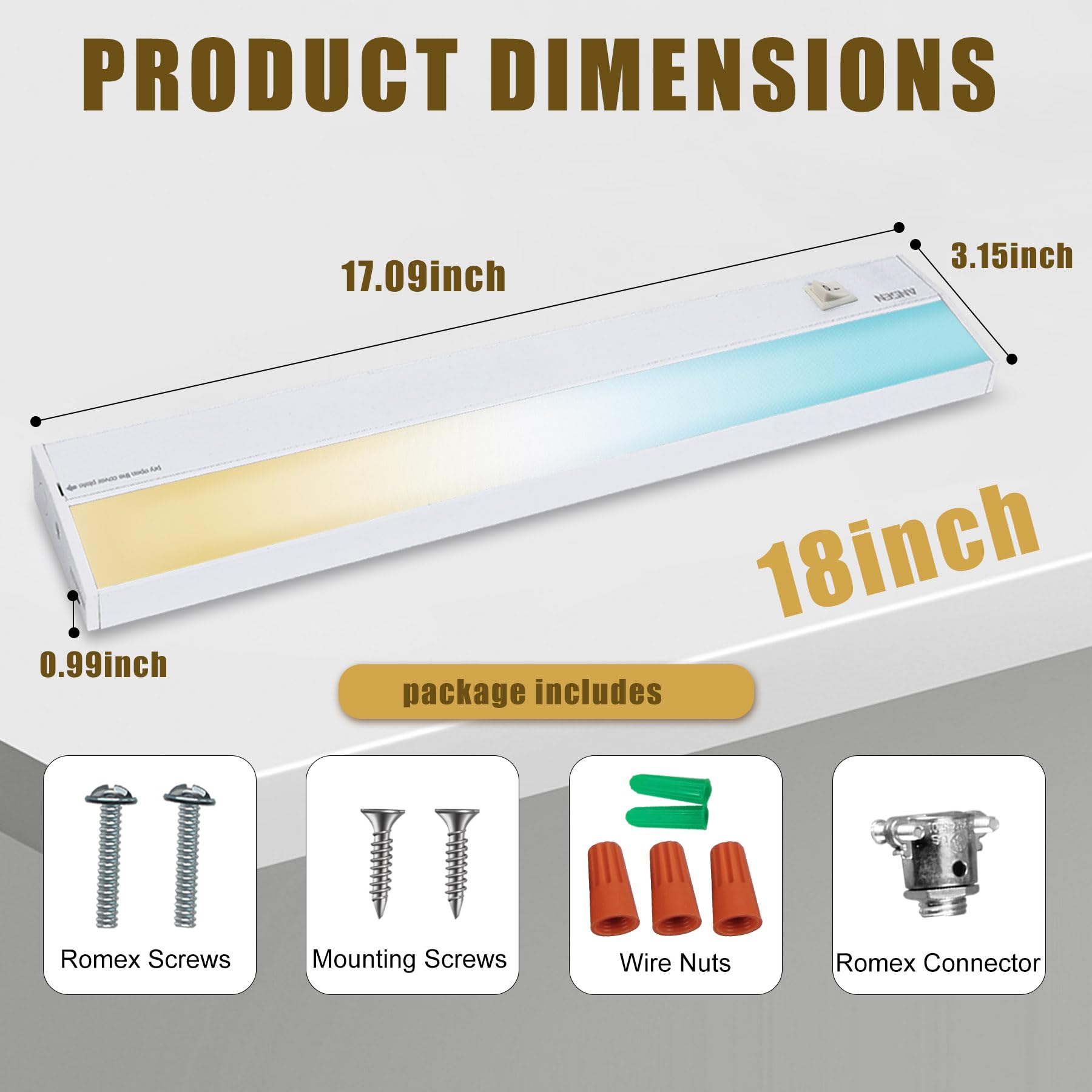 Ansen Illuminazione cablata sotto armadietto, 18 pollici 15W LED luce per cucina/armadio, 998.4lm, CRI> 92, R9>90, dimmerabile, 3 temperatura di colore, 3000K/4000K/5000K (bianco caldo, bianco freddo
