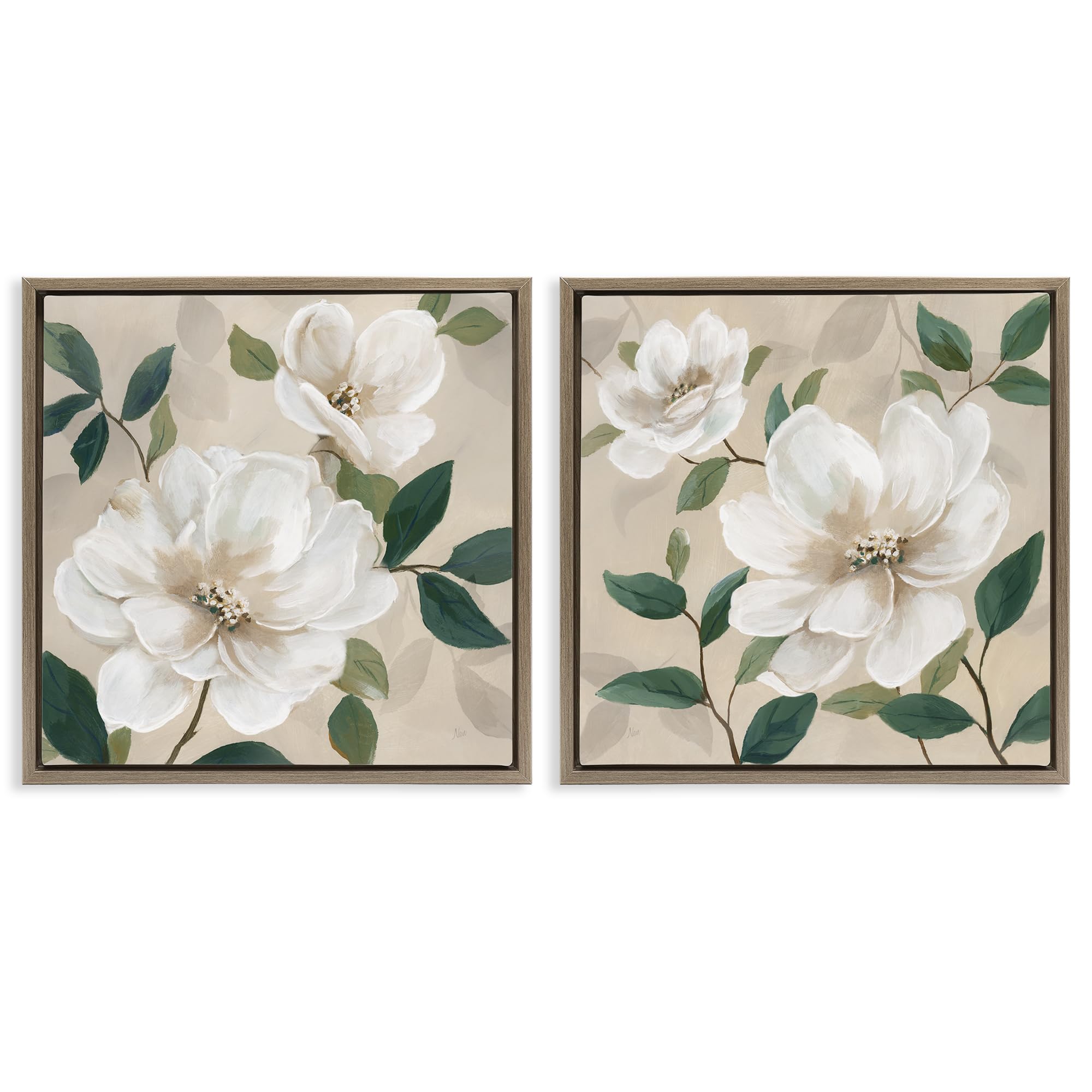 Stupell Industries Serene Magnolia Blossoms Foliage 'Serene White Blossoms & Foliage', 2Pc Floating Frame Art Set 2, Brown, 18 X 18 Inches, Easy To Hang And Sturdy, Made In Usa, By Nan