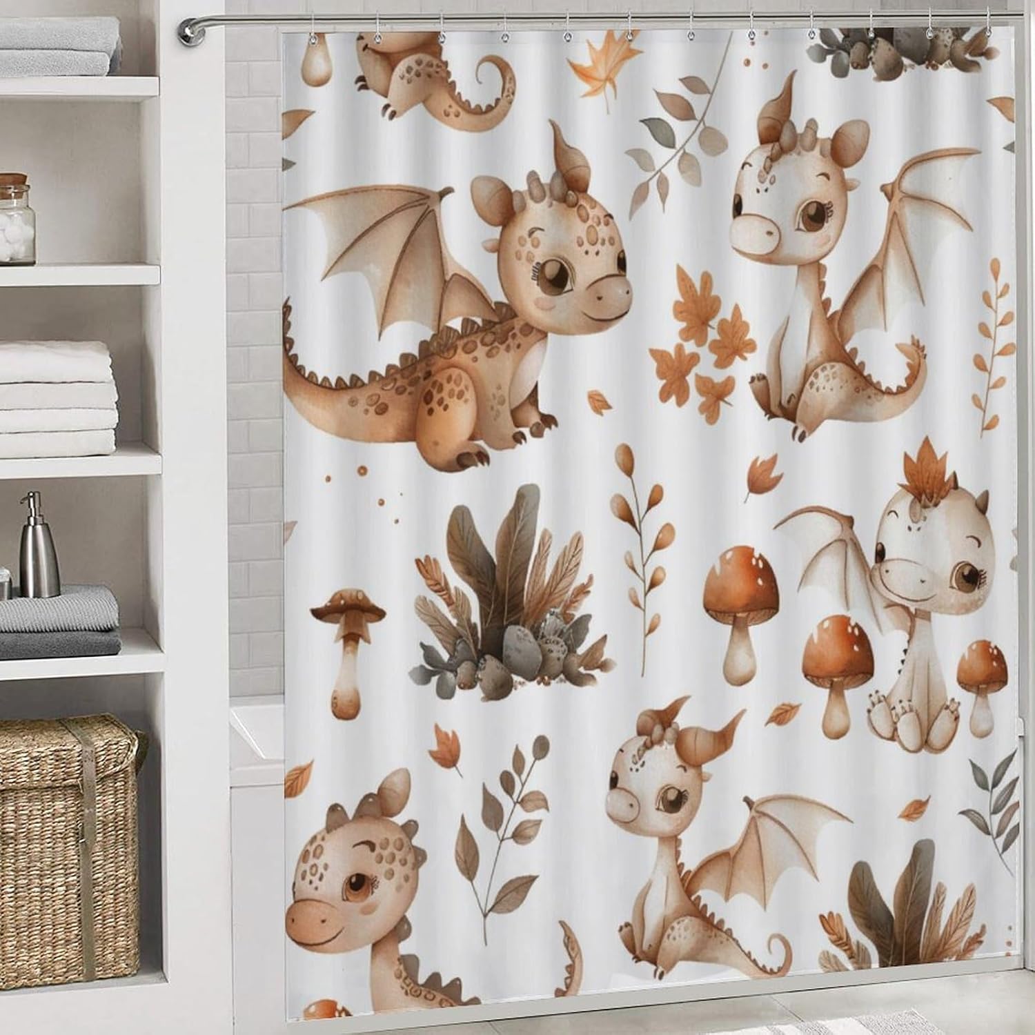 4Pcs Cute Animal Leaves Shower Curtain Set with Toilet Lid Cover U-Shaped Mat and Non-Slip Rugs, Playful Cute Baby Dragon Shower Curtain Bathroom Decor Set, 72" X 72"