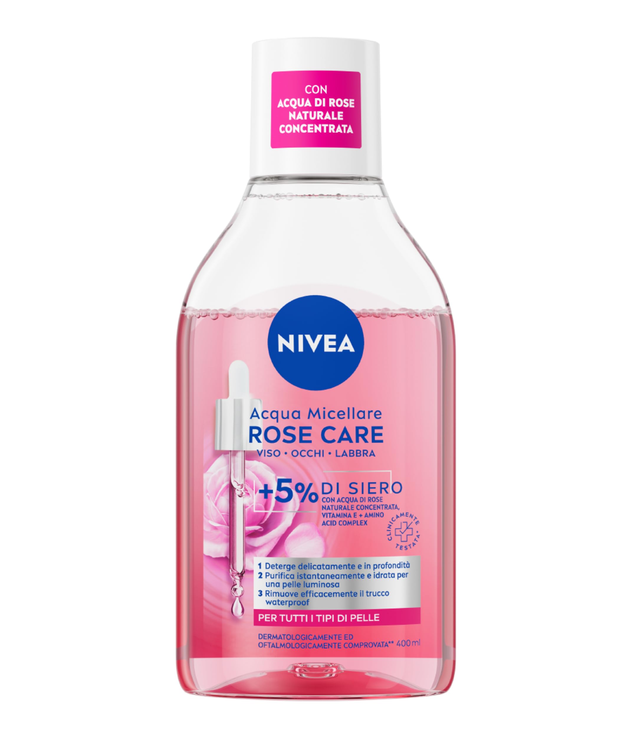 NIVEA Acqua Micellare Rose Care 400 ml, Struccante viso e occhi bifasico per trucco waterproof, Detergente viso, occhi e labbra con 5% siero con Acqua di Rose e Vitamina E, Tutti i tipi di pelle