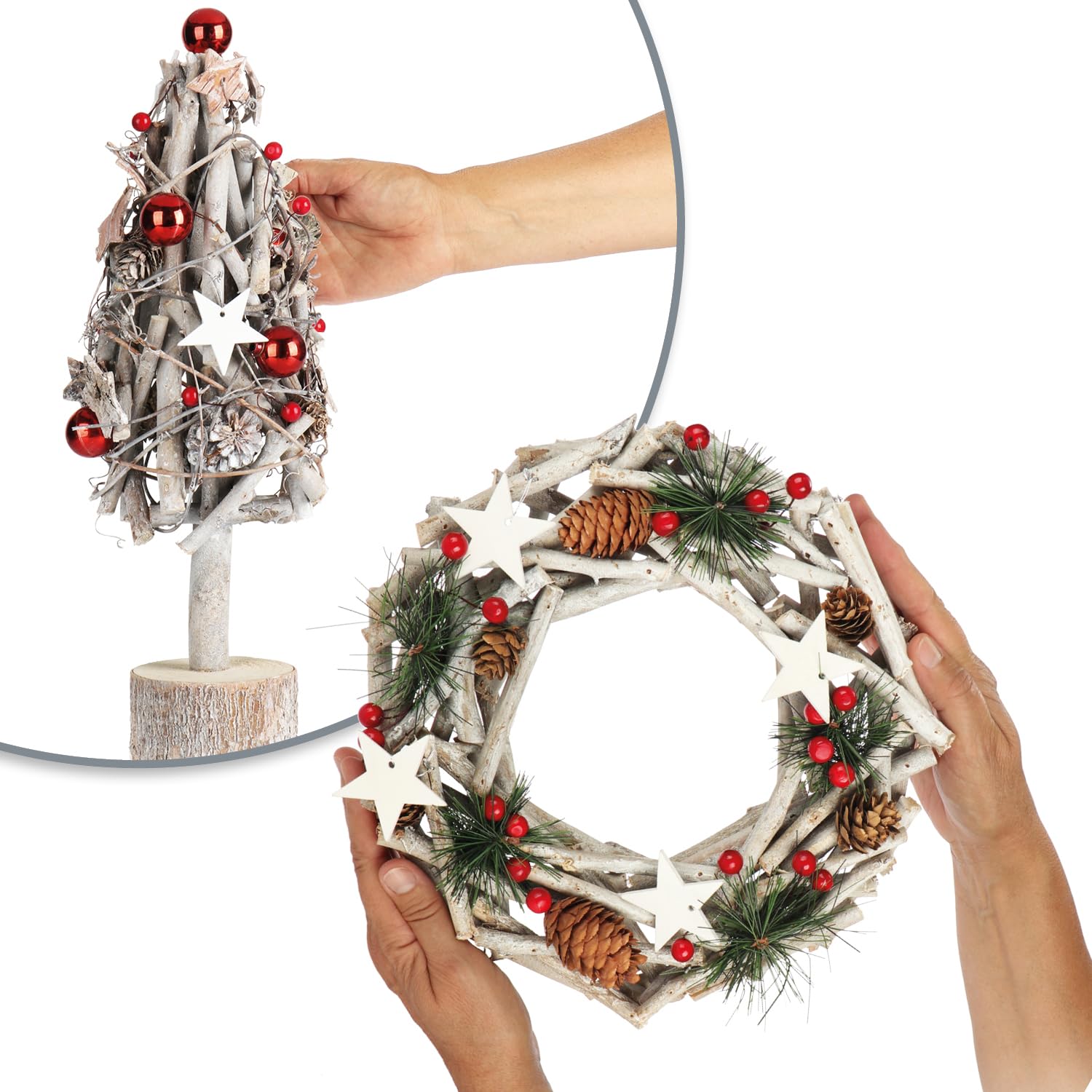 com-four® 2-teiliges Set Tischkranz Ø 28 cm & Deko-Weihnachtsbaum 40 cm | Adventskranz aus Naturzweigen mit Sternen und künstlicher Baum - Weihnachtsdeko für Tisch & Innenbereich