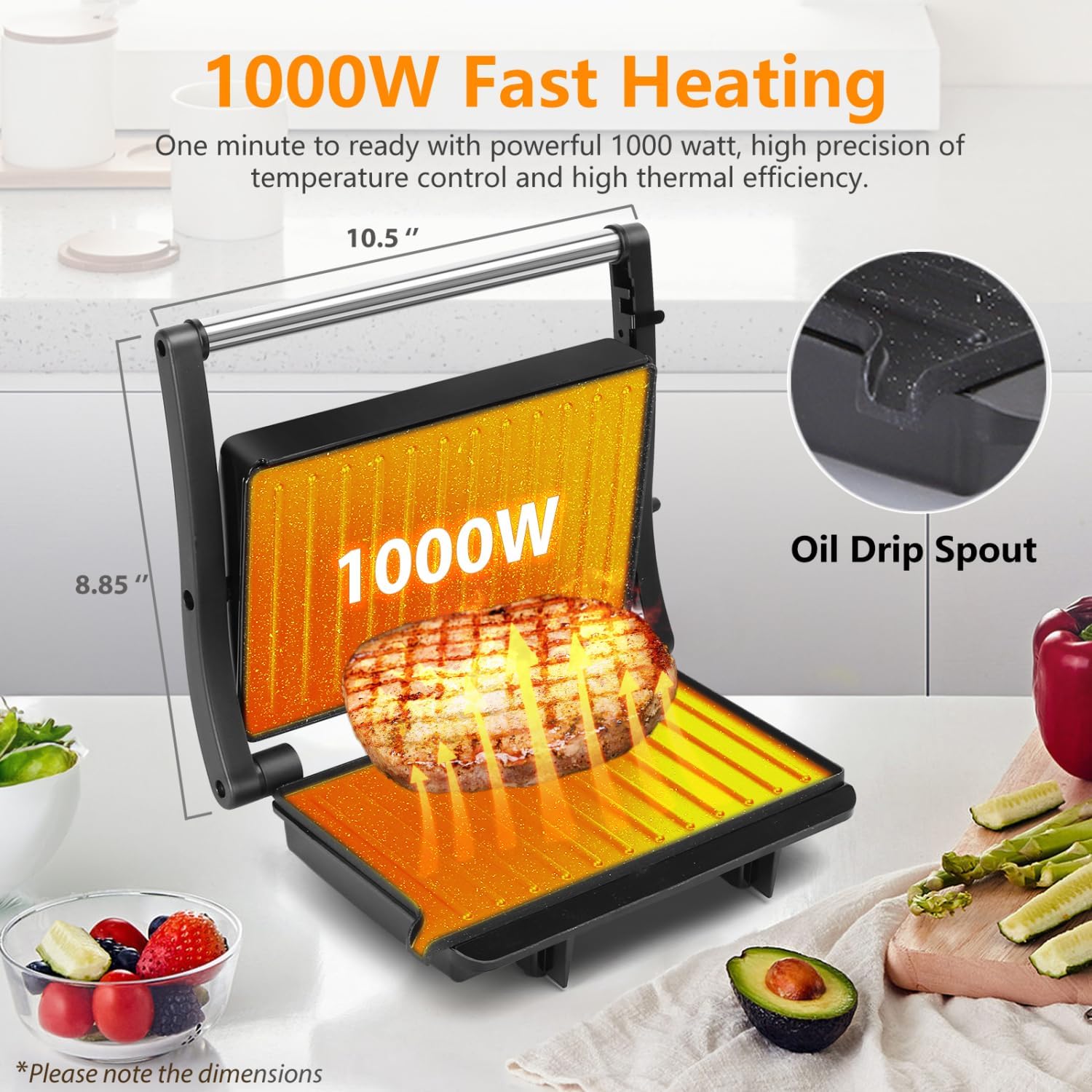 Panini Press Grill, Aigostar 1000W Sandwich Maker with Ceramic Non-stick Plates, Opens 180 Degrees for Any Size Food, 3-in-1 Sandwich Press Electric Grill, Drip Spout & Locking Lid, Sliver - Image 2