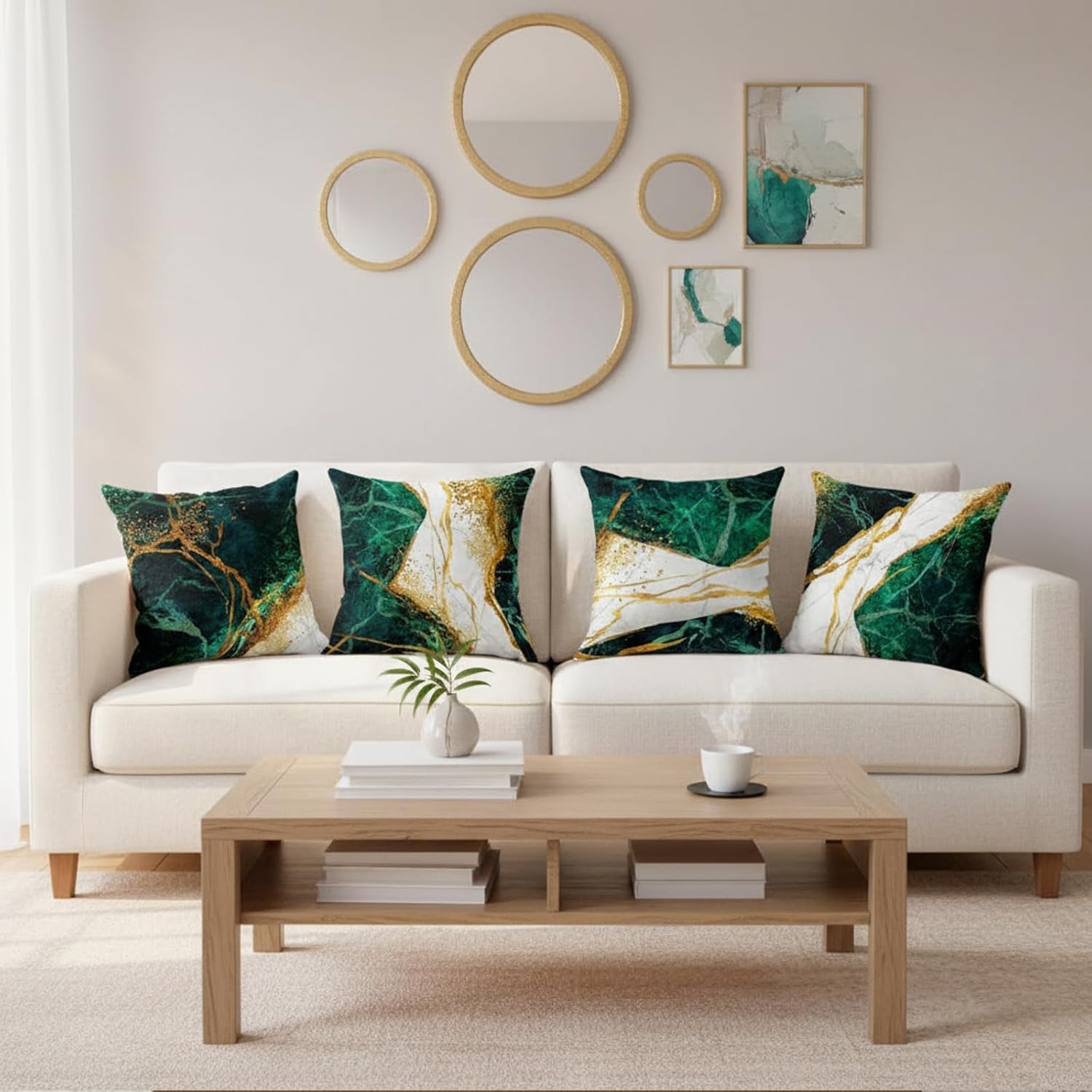 Green and Gold Throw Pillow Covers Set of 4-18x18 Inch Emerald Green and Gold Decorative Pillows for Home Decor Sofa, Couch, Bedroom, Living Room Decor Pillow Cases