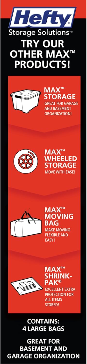 Hefty MAX Shrink-Pak Vacuum Seal Storage Bags for Clothing, Travel, Bedding | Tear & Water Resistant, Dual-Valve Space Saver Compression Bags - Large, 4-Pack