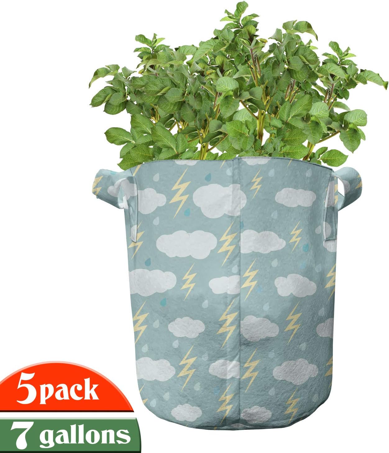 Lunarable Cartoon Grow Bags 5-Pack, Clouds Rain and Lightnings, Heavyduty Fabric Pots with Handles for Plants, Multicolor