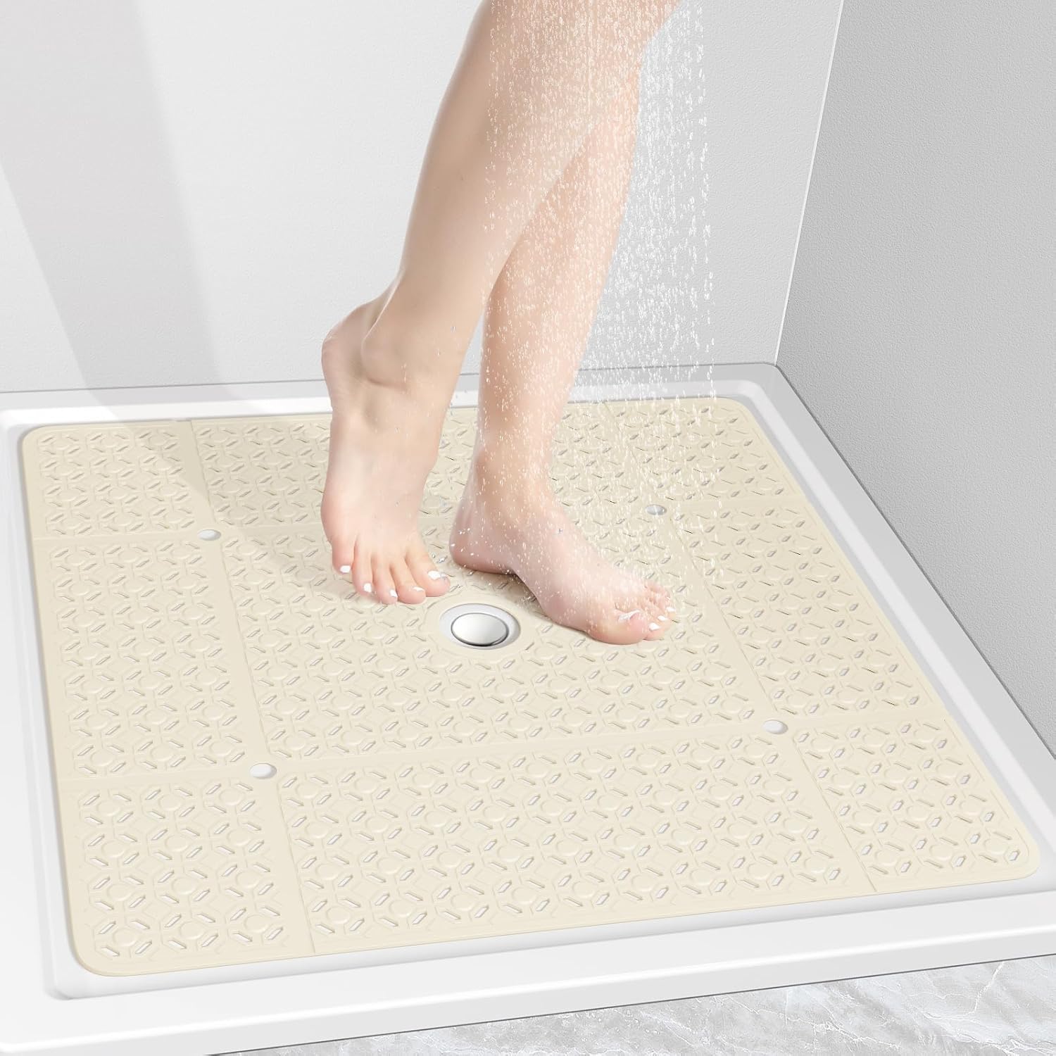 othway square shower mat, 27"x 27" extra large shower mats for inside shower, tpe anti slip shower mat with suction cups drain holes, machine washable shower floor mat (beige)