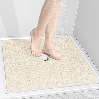 OTHWAY Square Shower Mat, 27"x 27" Extra Large Shower Mats for Inside Shower, TPE Anti Slip Shower mat with Suction Cups Drain Holes, Machine Washable Shower Floor Mat (Beige)