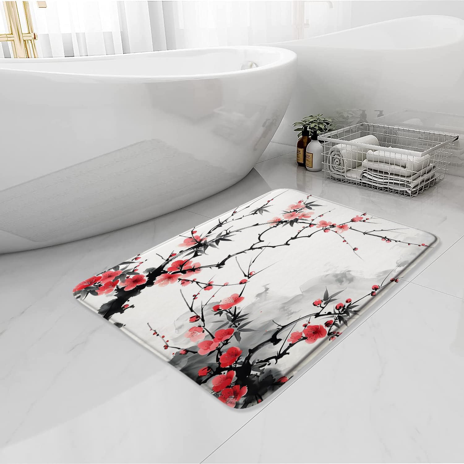 Amazon.com: BNYARH Japanese Floral Bath Mat Red Cherry Blossom Plum ...