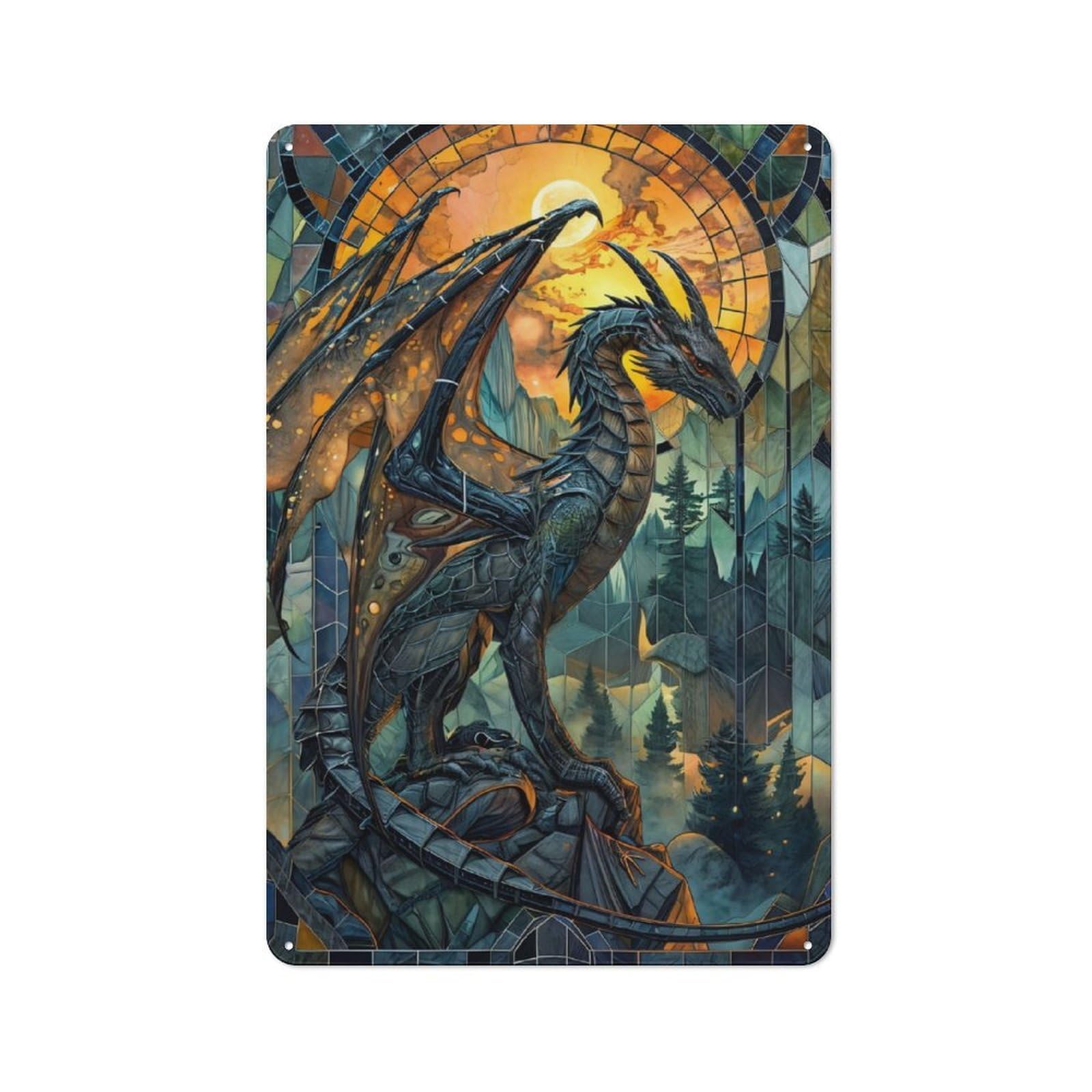 Junmoney Dragon Stained Story Garage Style Metal Wall Sign 30X20cm Featuring Garage Wall Decor For Garage, Hobby Room, Office Or Man Cave