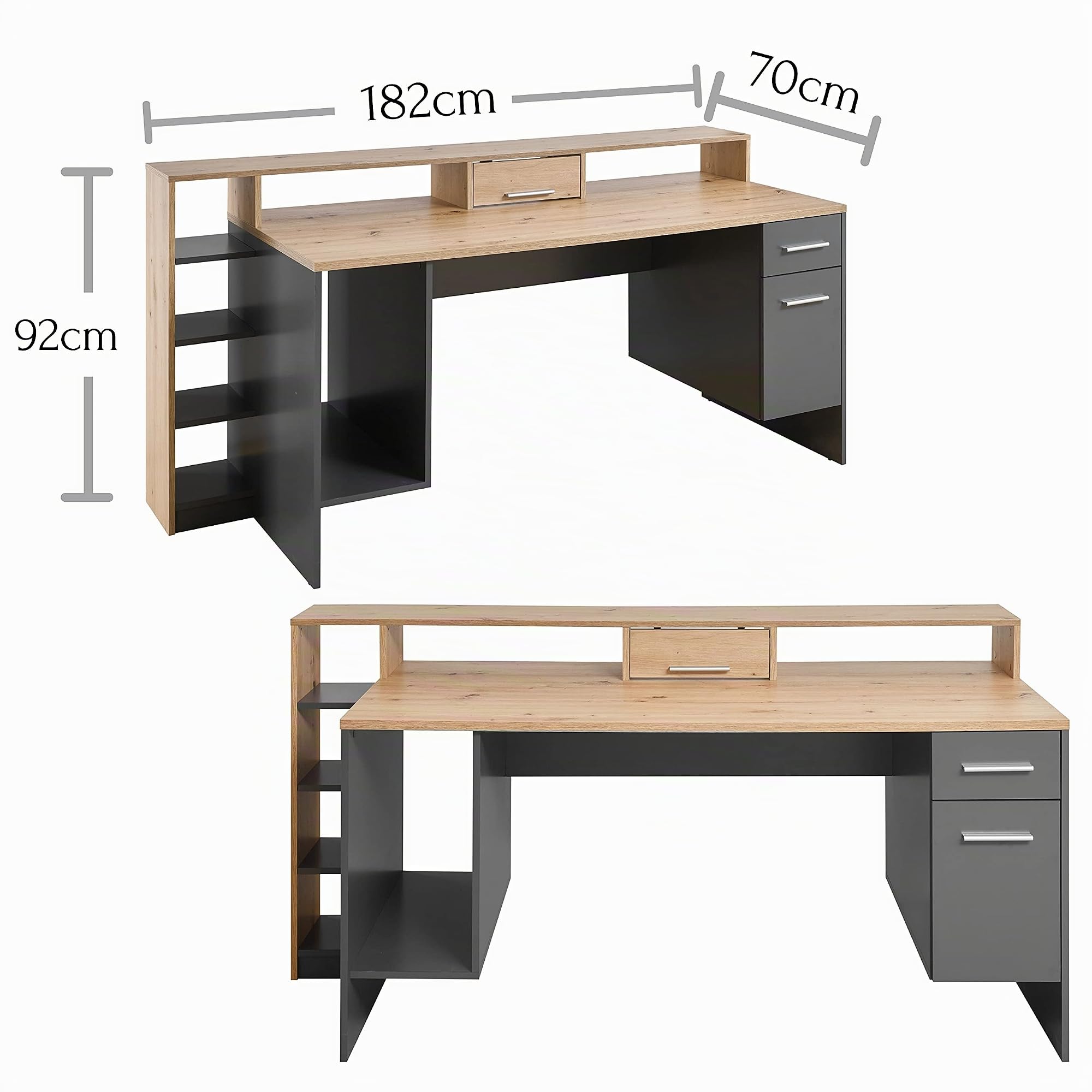 Stella Trading HIGHSCORE 4 Gaming Tisch in Artisan Eiche Optik, Grau - Gaming Schreibtisch mit Schublade und LED-Beleuchtung - 182 x 92 x 70 cm (B/H/T)