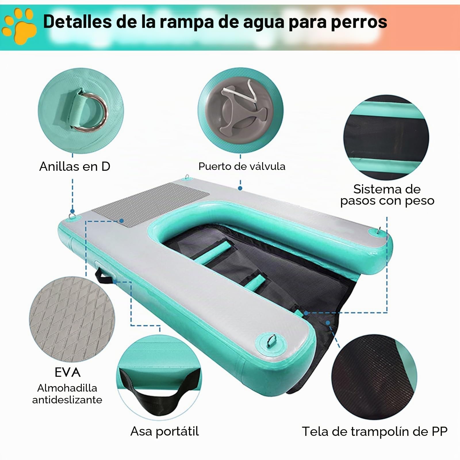 rampa de agua para perros Rampa plegable para piscina para perros, pequeña, Hasta 60 kg Inflable Pontón para perros Plataforma de muelle, Reutilizable Escalera de agua para rampa para mascotas Para ba