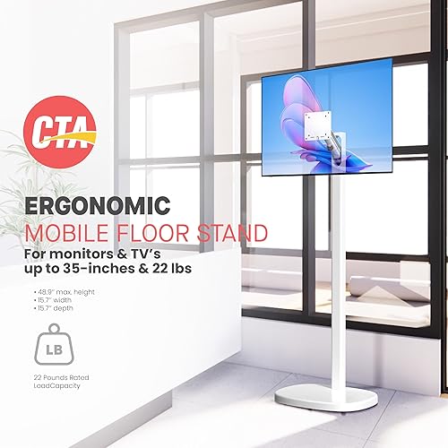 Miniatura 2 de CTA Soporte ergonómico de suelo para monitores y televisores de hasta 35 pulgadas y 22 libras, soporte móvil con base antiderribo y altura