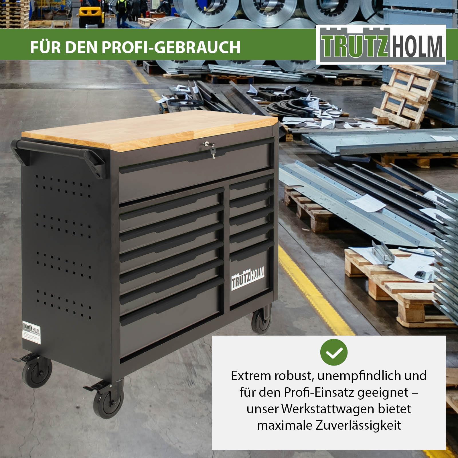 TRUTZHOLM Werkstattwagen Star XL 12 Schubladen unbestück Hartholz-Arbeitsplatte 103 x 112 cm mit Feststellbremsen, abschließbar Werkzeugwagen Anthrazit
