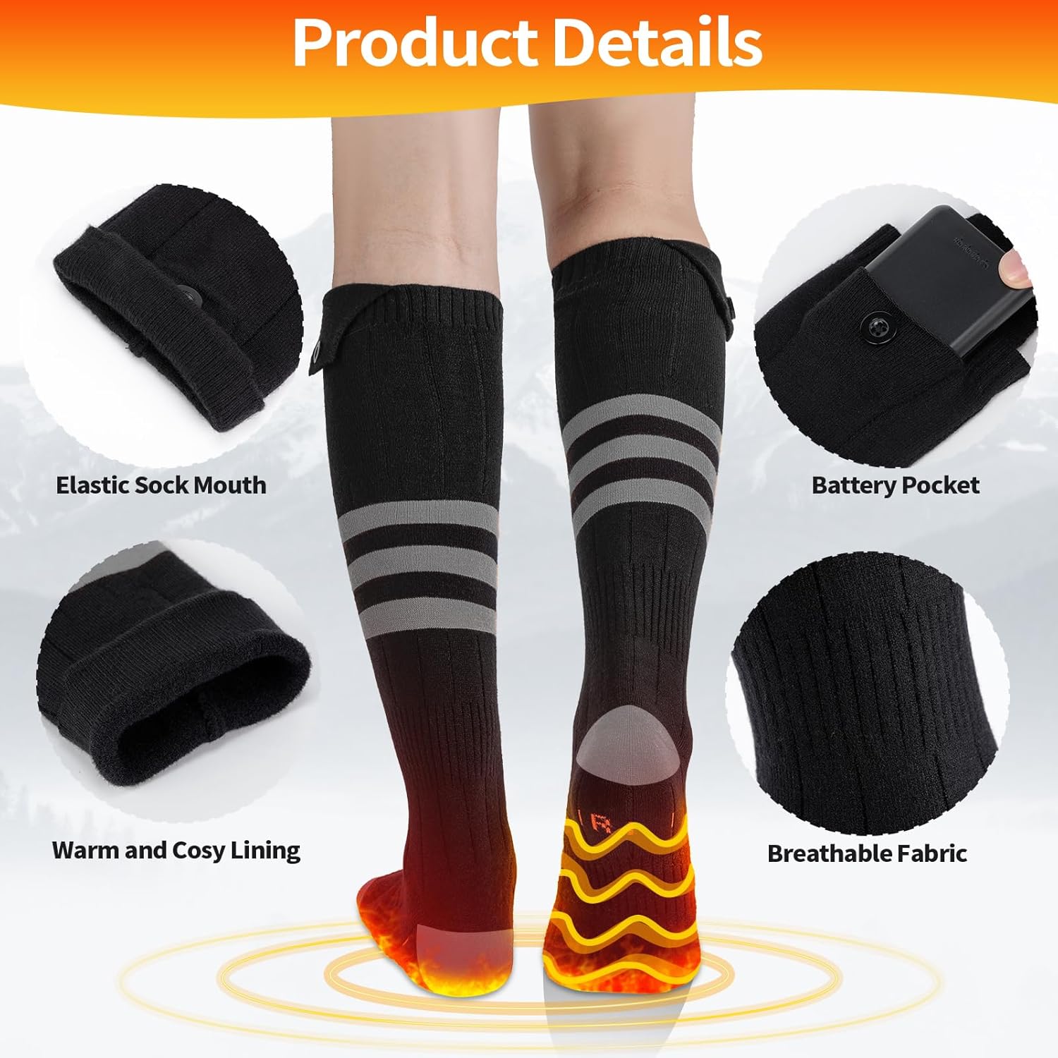 Heated Socks for Men Women, Rechargeable Electric Heated Socks with 4 Heating Levels, Washable Warm Socks for Winter Hunting Outdoor Working Skiing Hiking Cycling Camping Fishing