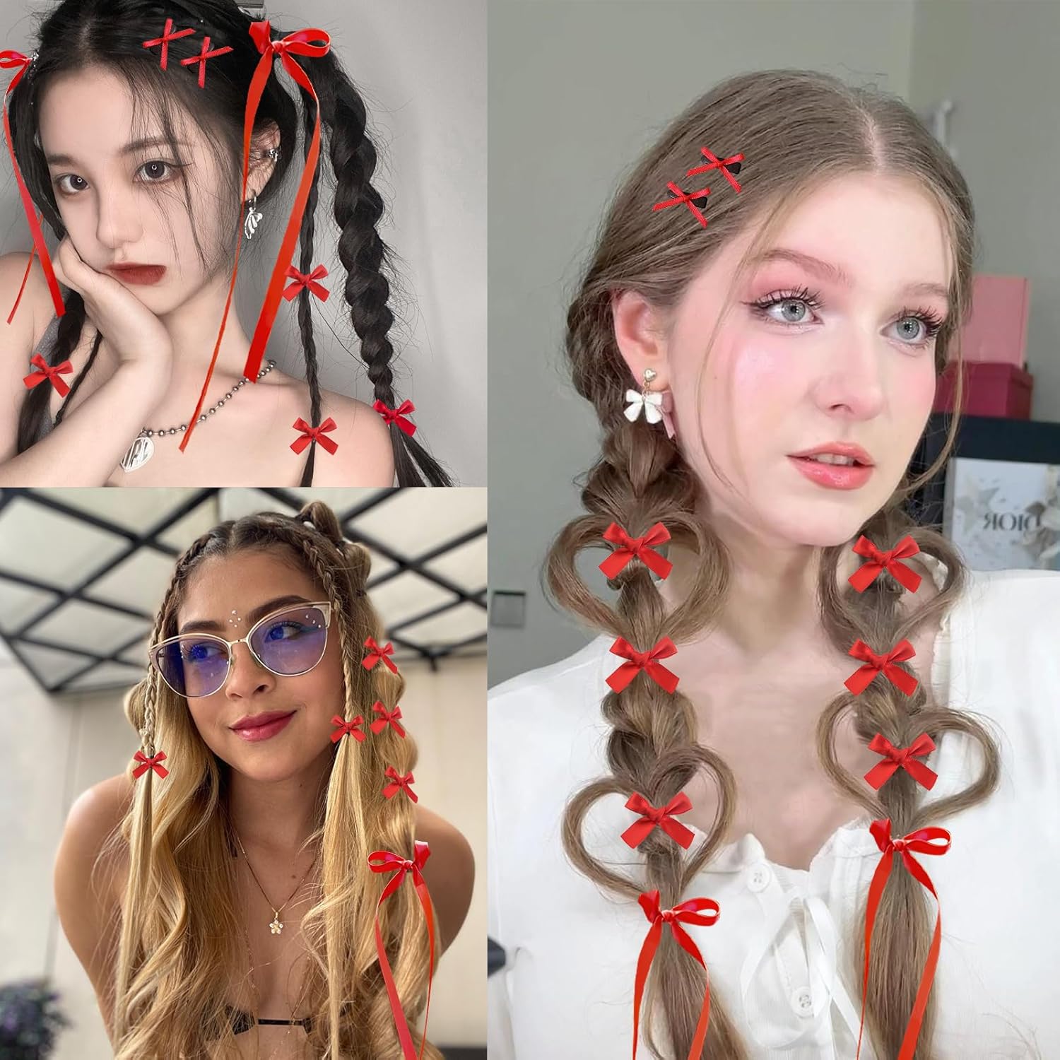 Mini Hair Bows for Women Girls Cute Hair Clips Small Alligator Long Tail Hair Ribbon Accessories -3 Styles -22P - Red - Image 4