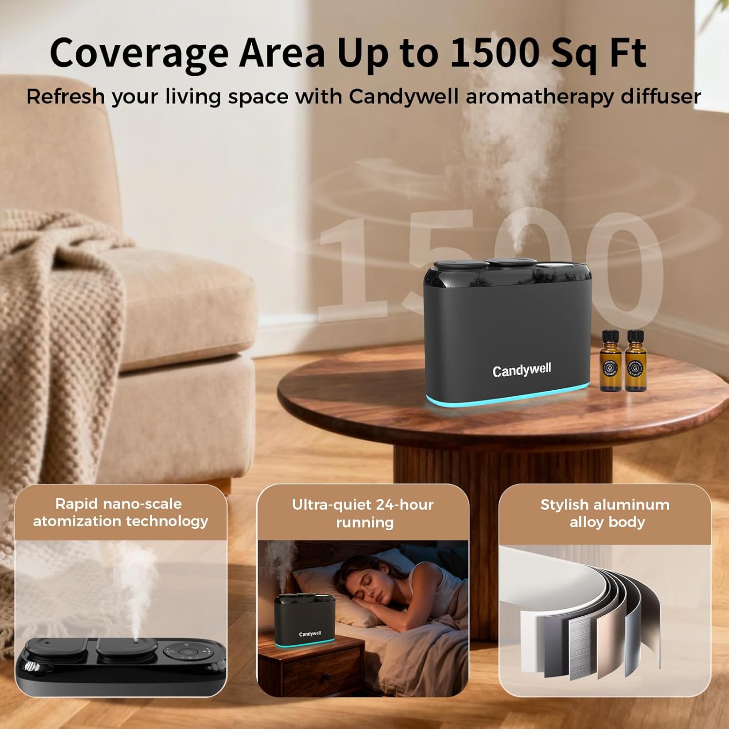 Smart Waterless Essential Oil Diffuser with Dual Nozzle & App Control, Cold Air Tech Diffuser for 1500 Sq Ft, with 4 Timer & Mist Levels, Hotel Scent Diffuser for Home & Office