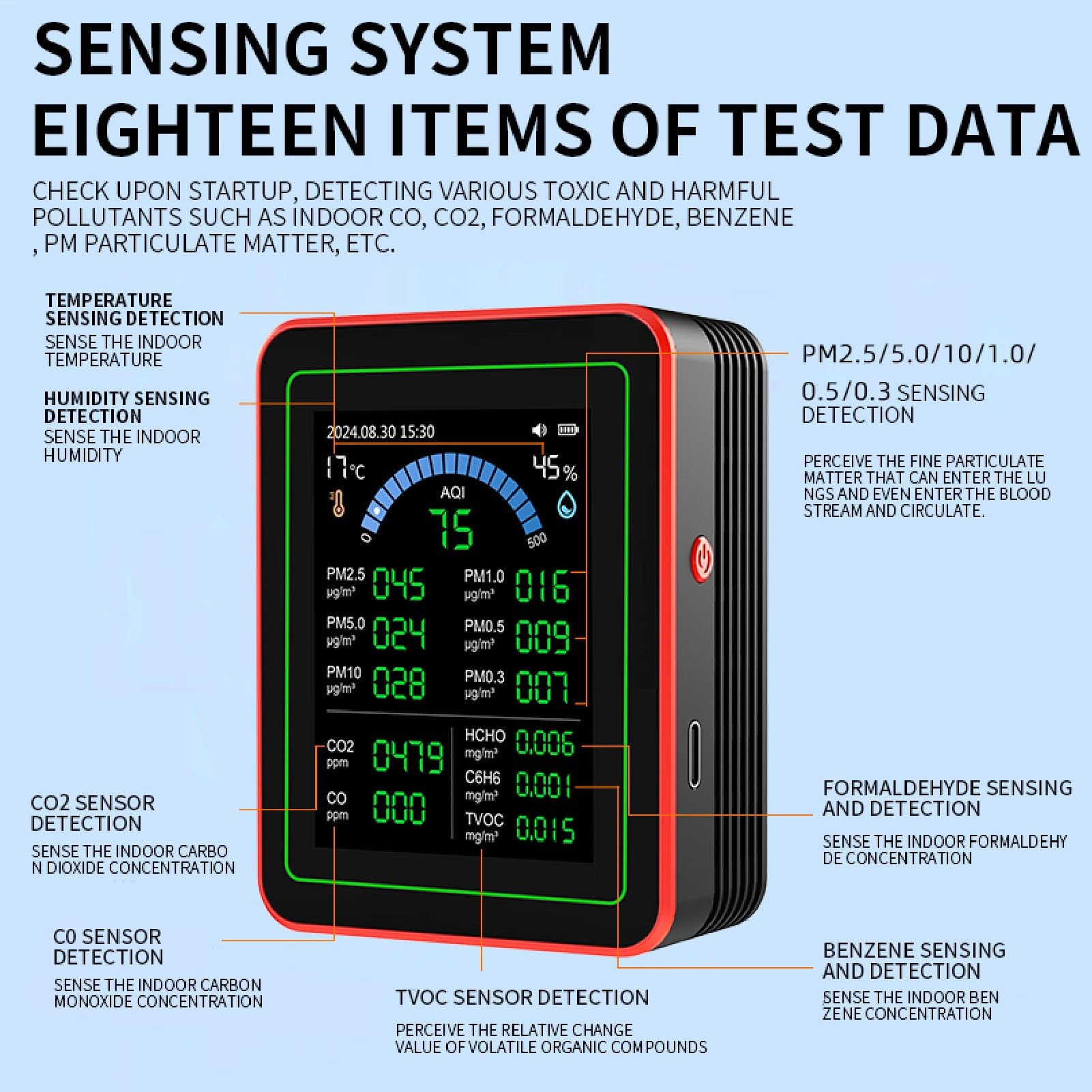 Misuratore di qualità 'aria Alimentato a Batteria, 18 in 1 CO2 TVOC HCHO PM2.5 PM10 Rilevatore Interno Tempic Tester Dati Memoria di Archiviazione Nera, Semiconduttore e