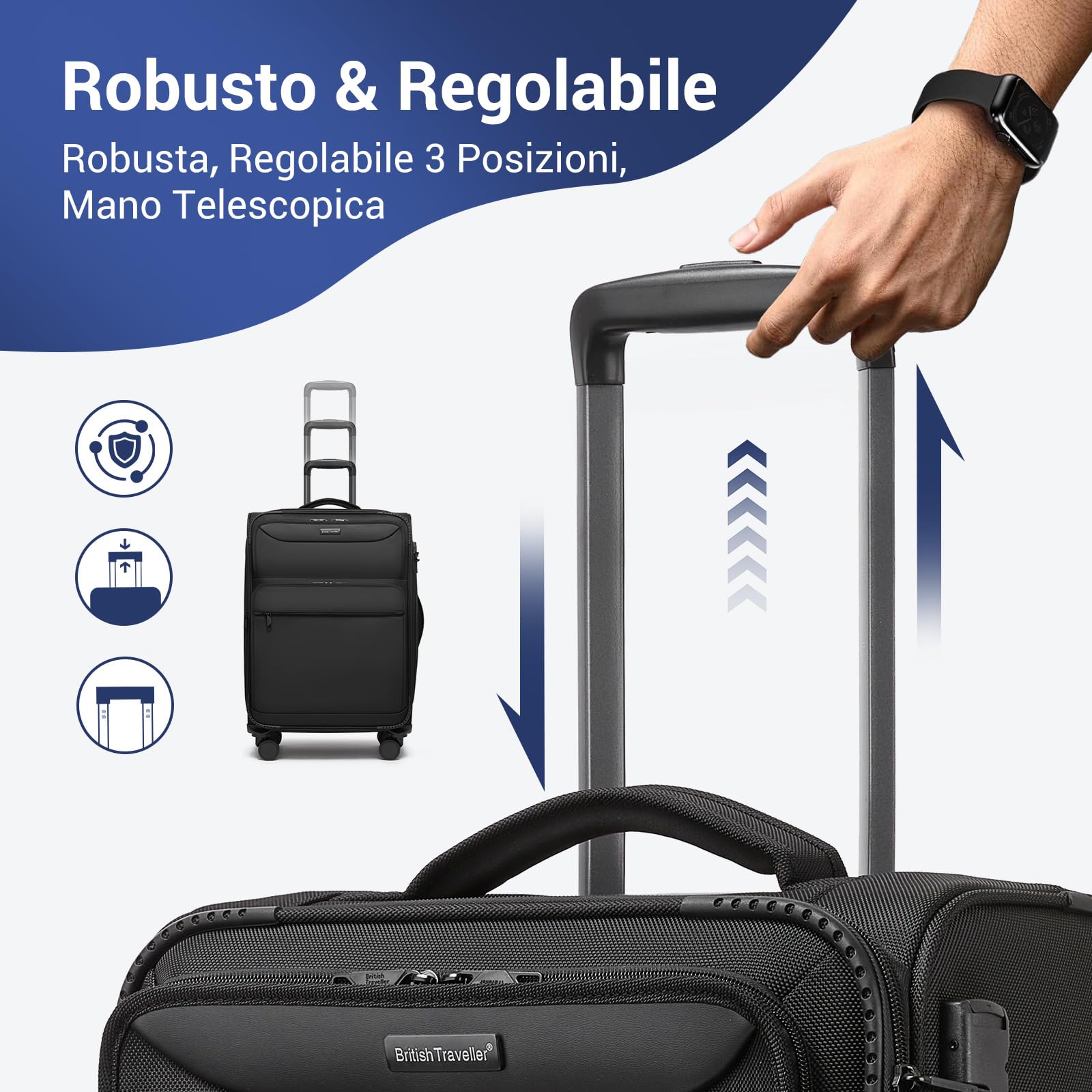 British Traveller Valigia Grande Rigida 79.5cm con Capacità Estendibile e 4 Ruote Rotanti TSA, Nero