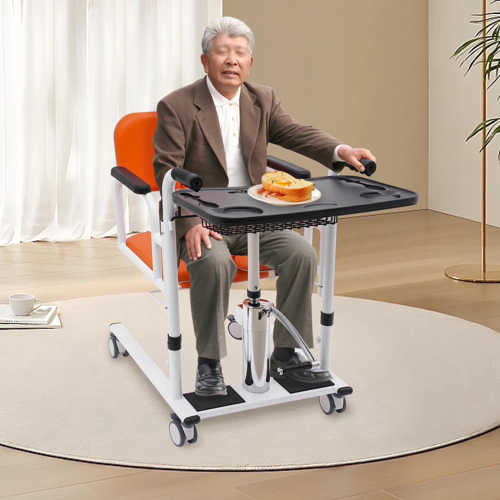 Silla de transferencia hidráulica de 150 kg con 4 ruedas de freno, altura ajustable (41 – 65 cm) y apertura de 180° para enfermería/hospital, incluye orinal y asiento de poliuretano
