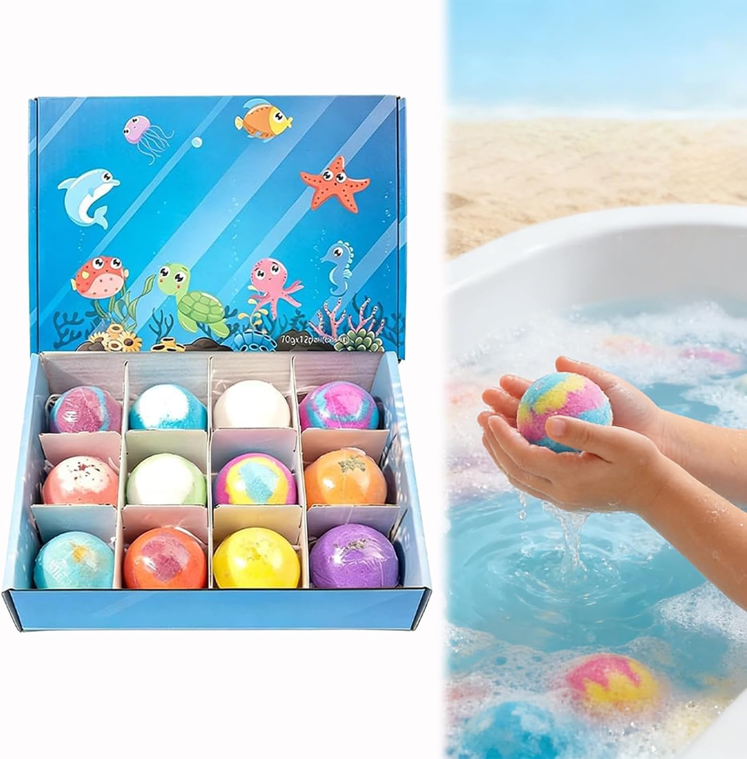 Bubbly Surprise Bath Bombs, 12-Pack Ocean Theme Bath Fizzies with Toy Inside, Natural Sea Salt Color Changing Bath Balls, Easter Basket Stuffers Gift for Kids (Blue 12pack)