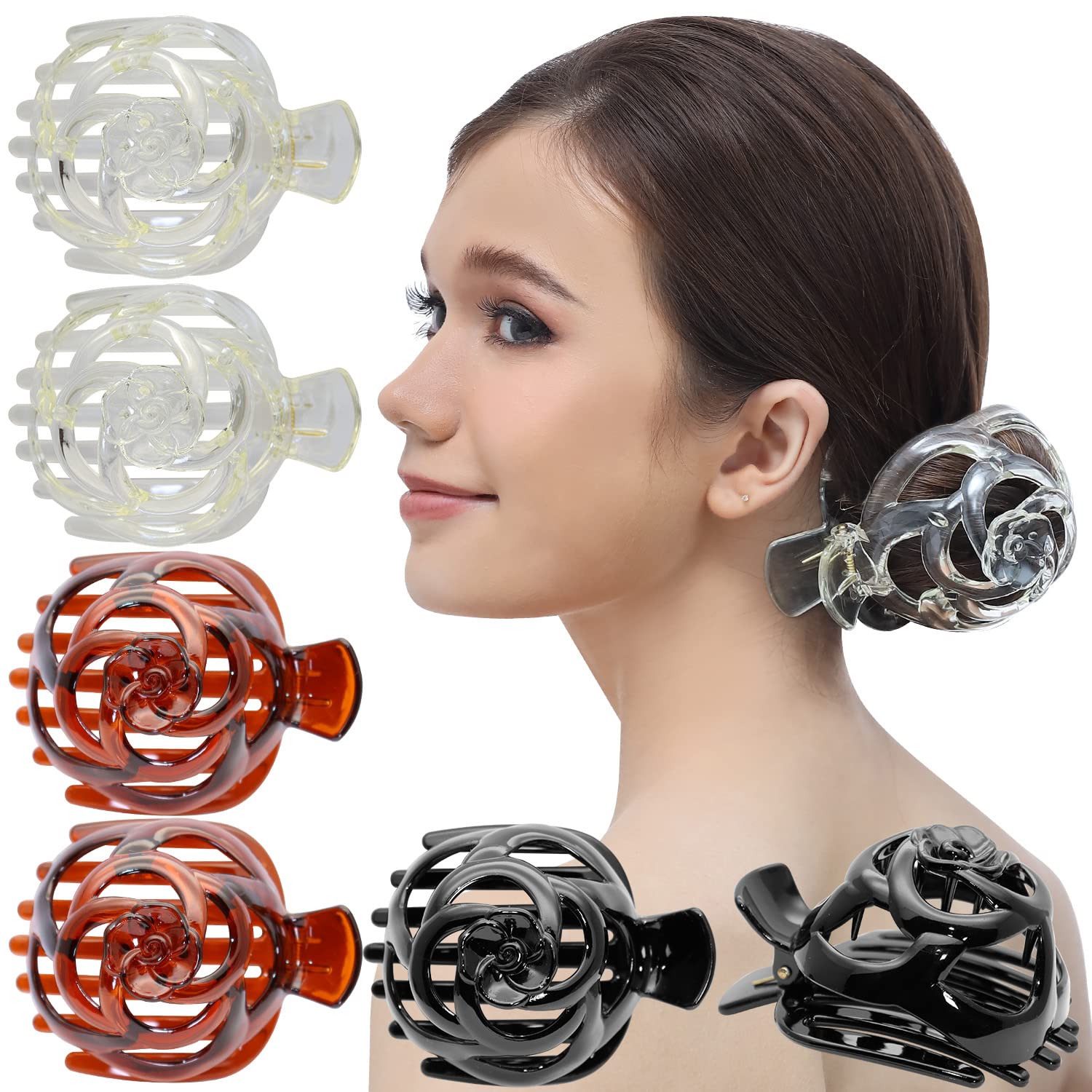 RC ROCHE ORNAMENT 6 Pcs Bun Maker Womens Hair Clip Side Slide Bun Round Dome Comb Clamp Updo Bird Nest Shell Plastic No Slip Strong Grip, Medium Clear, Brown & Black