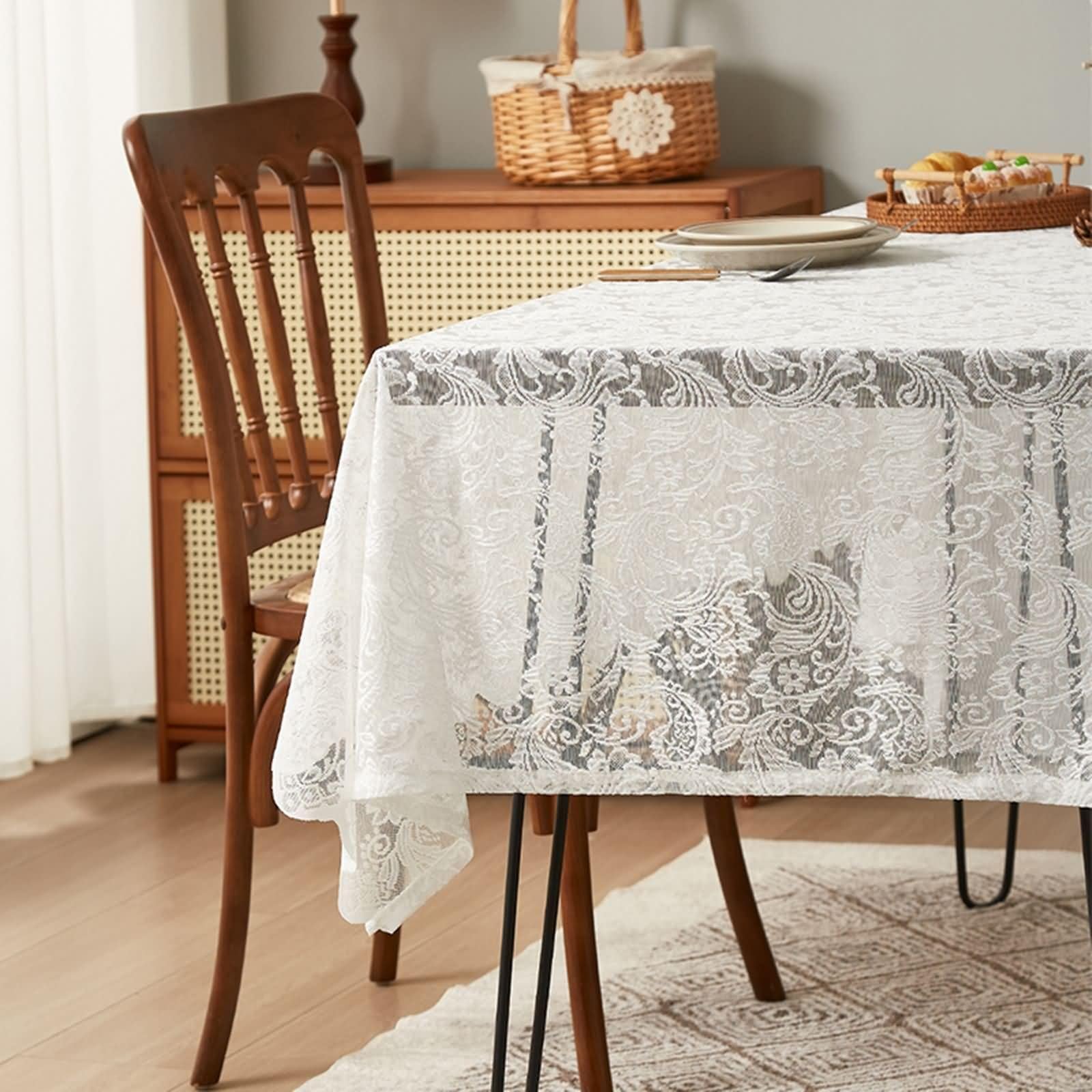 Mantel blanco bonito mantel de cocina bohemio bordado flores patrón poliéster 94 x 55 pulgadas