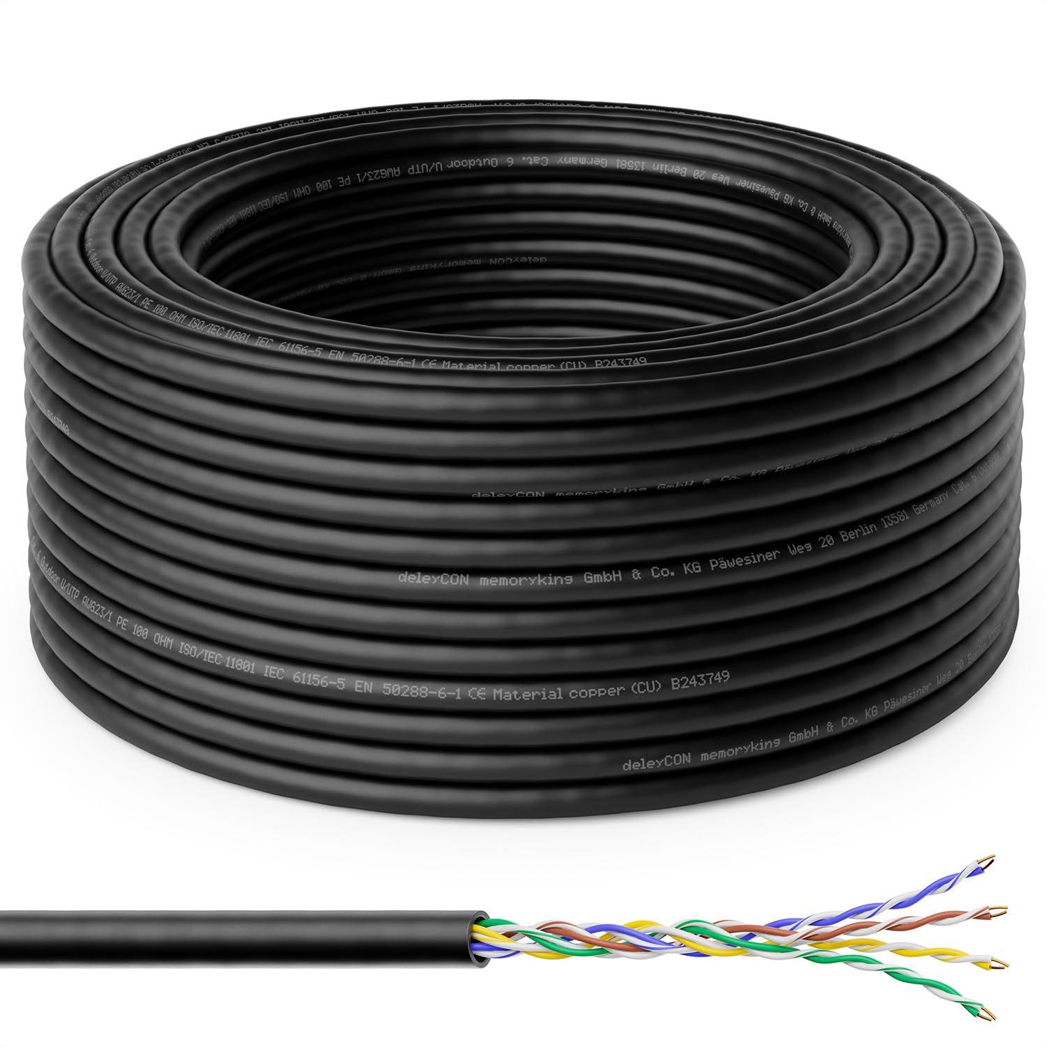 deleyCON 50m Cavo Installazione CAT6 Outdoor Rete 1000 Mbit GIGABIT - Rame (CU) Rigido LAN Ethernet Dati Esterno Resistente Intemperie Giardino Terrazza Officina