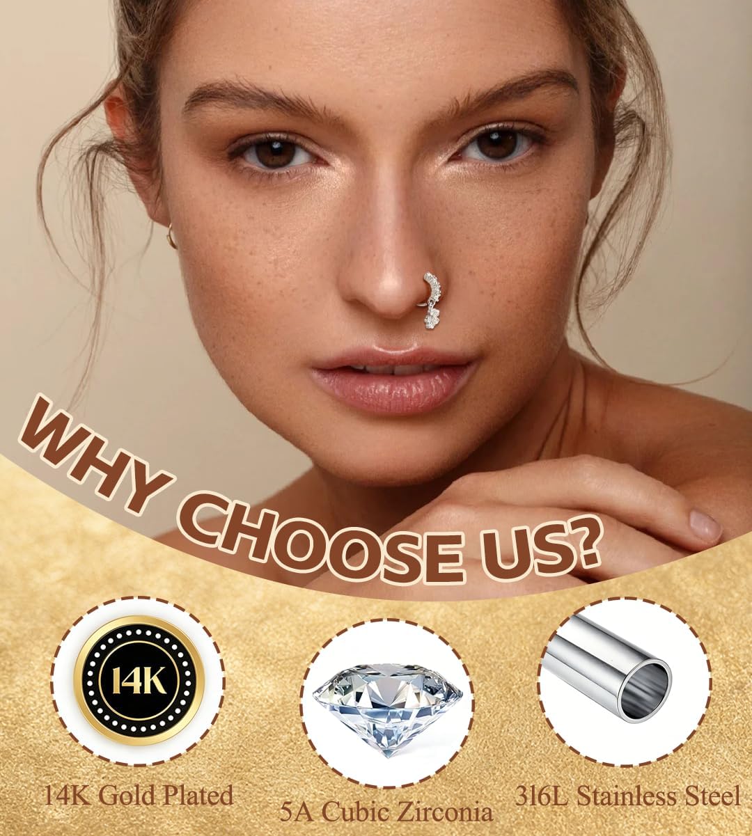 CASDAN 20Pcs 20G Dangle Nose Rings for Women L Shaped Dangling Nose Rings Studs Hoops Stainless Steel Flower Butterfly Moon Dangle Nose Piercing Jewelry(Gold/Silver Color)