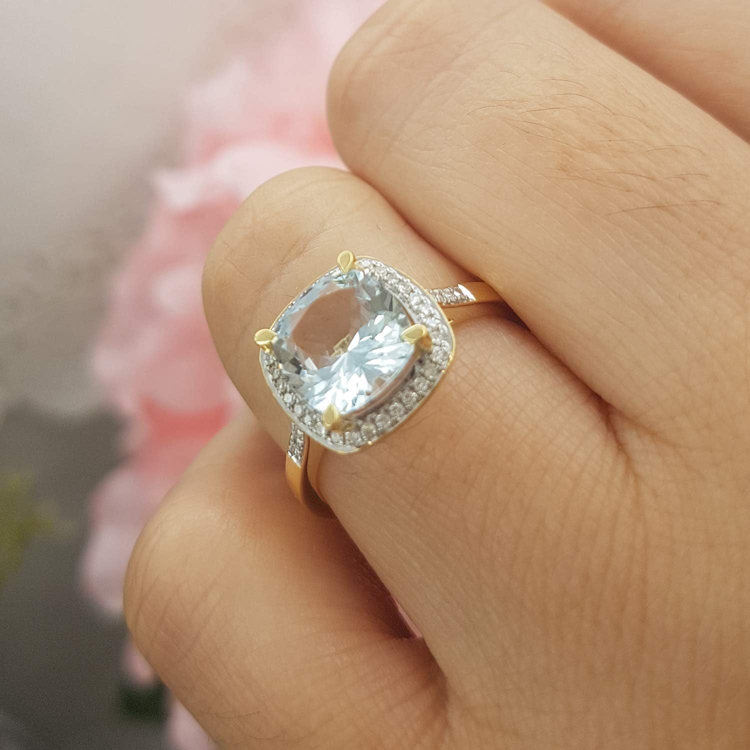 Dazzlingrock Collection 10K 8 MM Cushion Gemstone & Round White Diamond Ladies Bridal Halo Engagement Ring, Yellow Gold