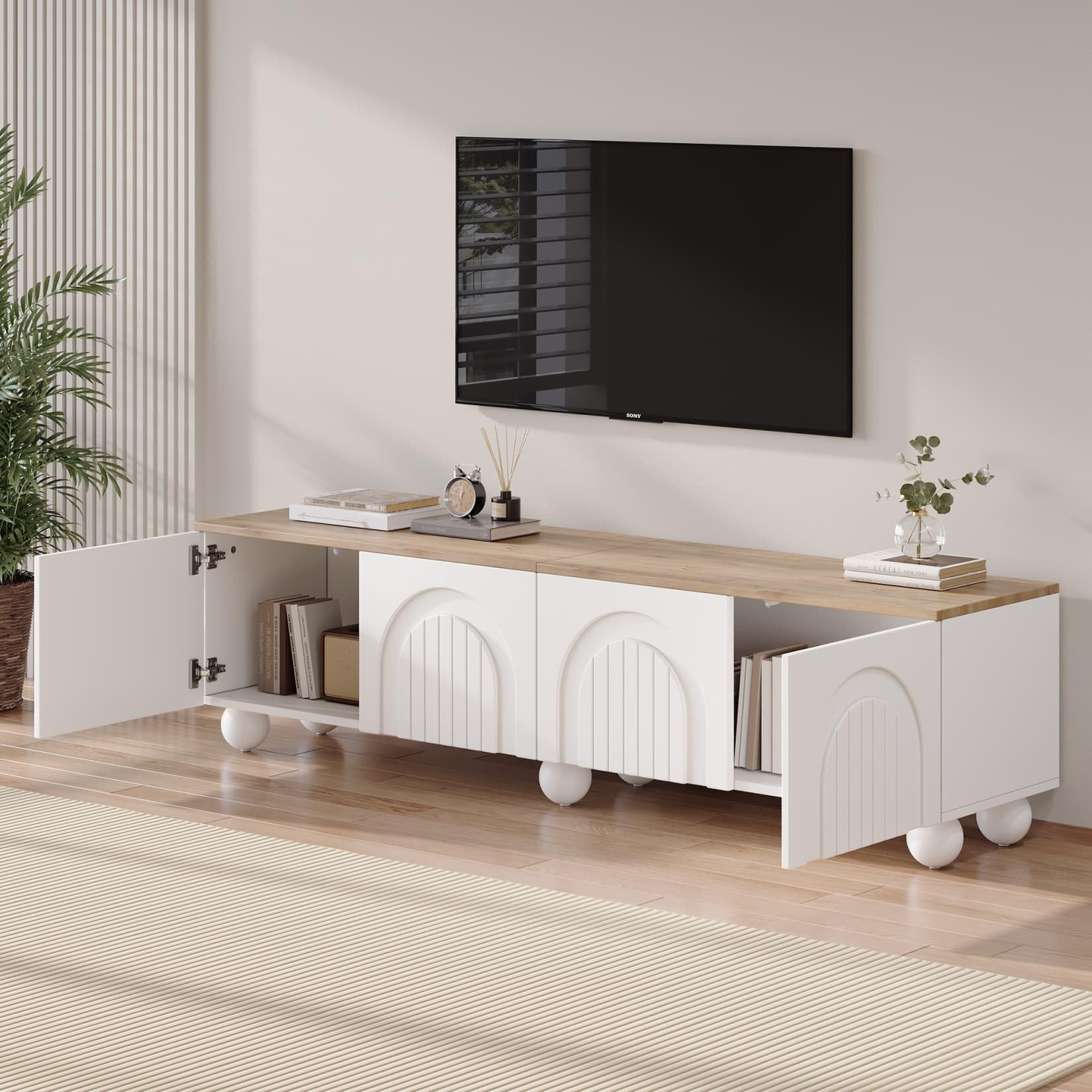 Meuble TV 180x40x45cm,Meuble Tele,Meubles Bas Rangement avec 4 Portes en Relief Tridimensionnel,6 Pieds Métalliques Sphériques,pour Téléviseurs de 80 Pouces