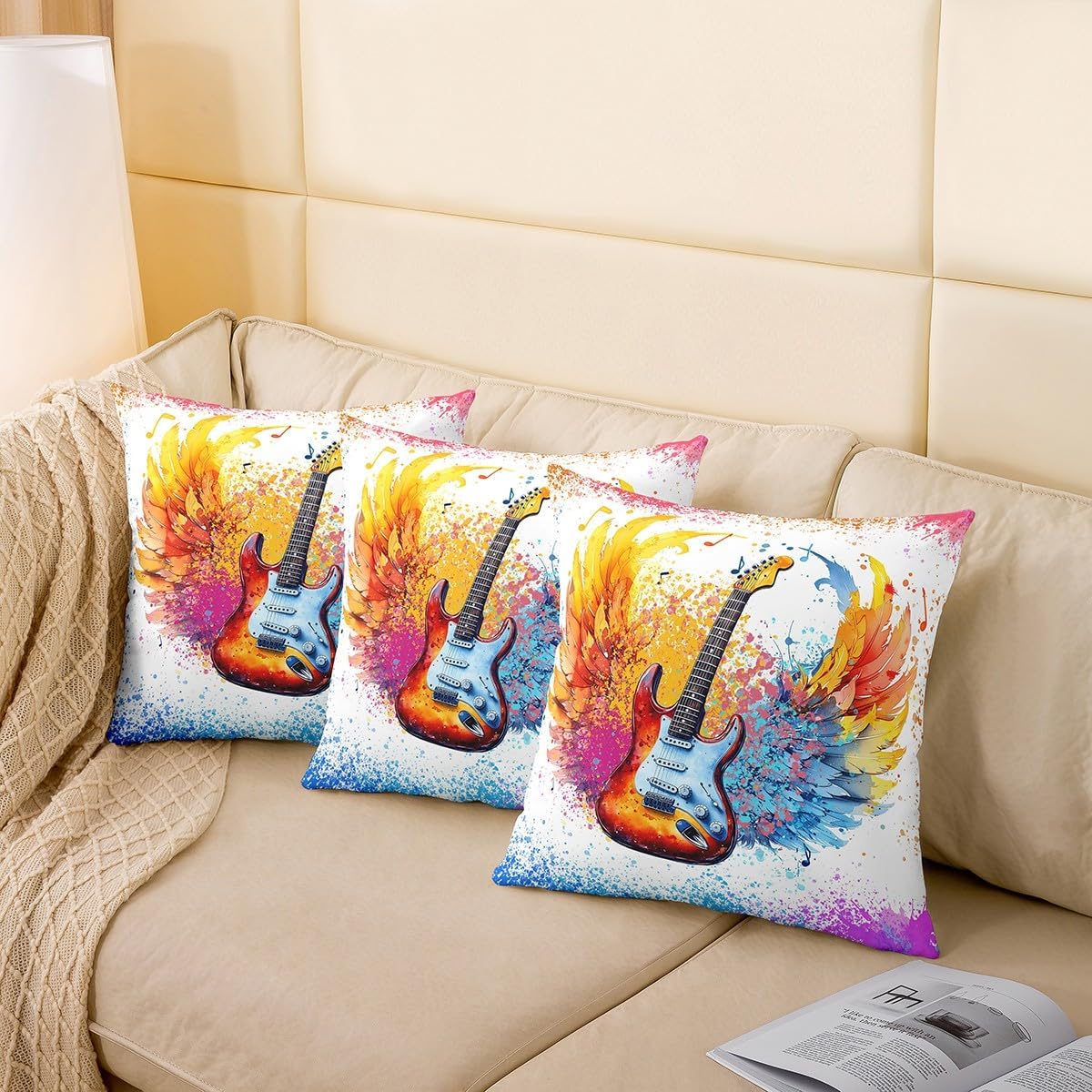 Manfei Guitar Pillow Covers 24"x24",Watercolor Rock Music Cushion Covers for Couch Sofa, Fashion Musical Instruments Outdoor Pillow Covers,Dreamy Musical Wing Reversible Throw Pillow Covers