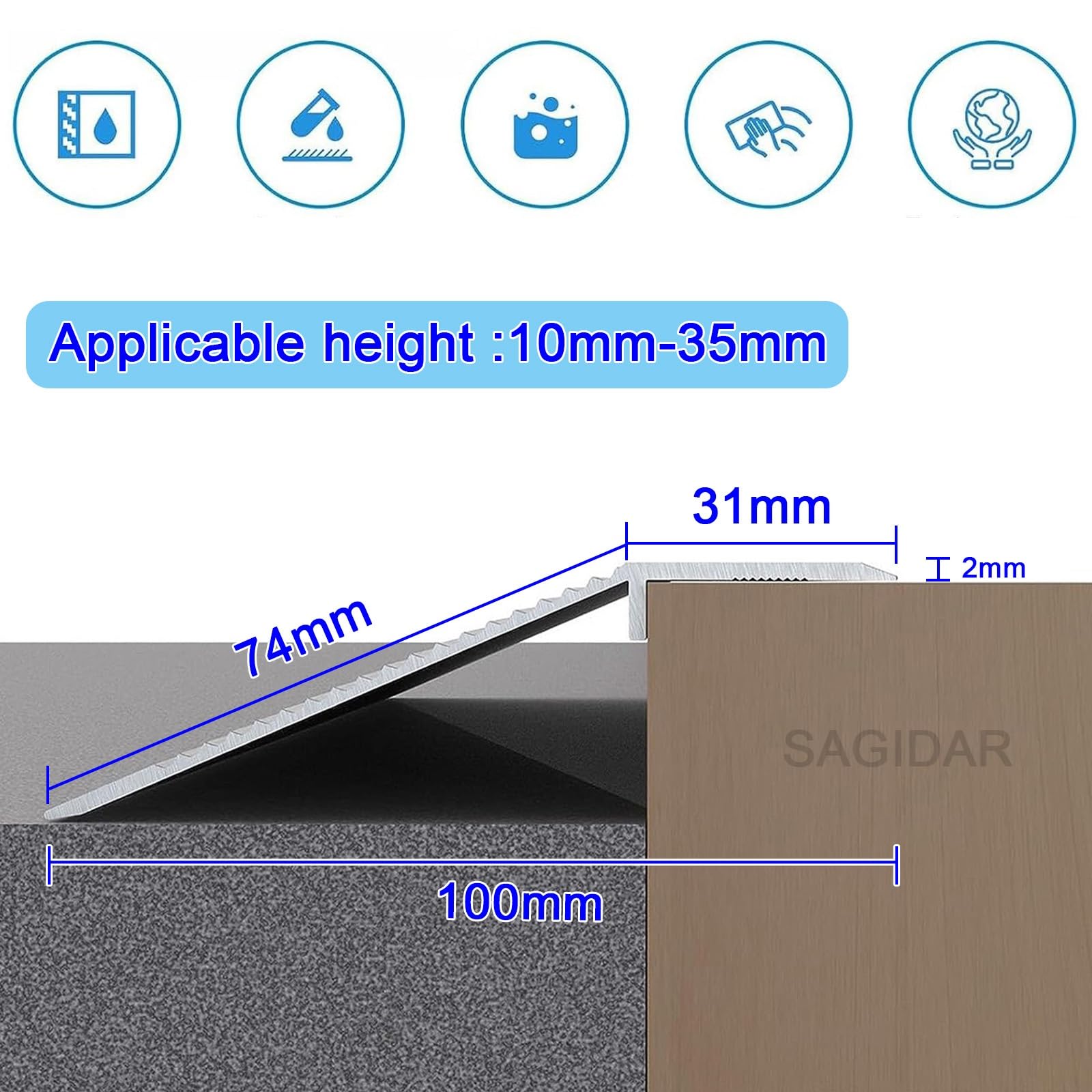 SAGIDAR Bandes De Transition De Seuil Robustes en Aluminium, Rampe D'entrée De 10 Cm De Large, Surface Lisse, Rail De Transition Raccordement D'espace, pour Bois À Moquette/stratifié À Carrelage