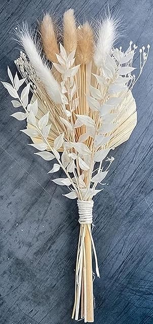 VELAFEE Sweet Dried Flowers Bouquet - Set of 10Pcs (1 Dried Palm Leave, 3 Natural Bunny Tails, 4 White Bunny Tails, 1 Ruscus, 1 White Million Star) - Room Décor (White Decorative Artificial Flora)