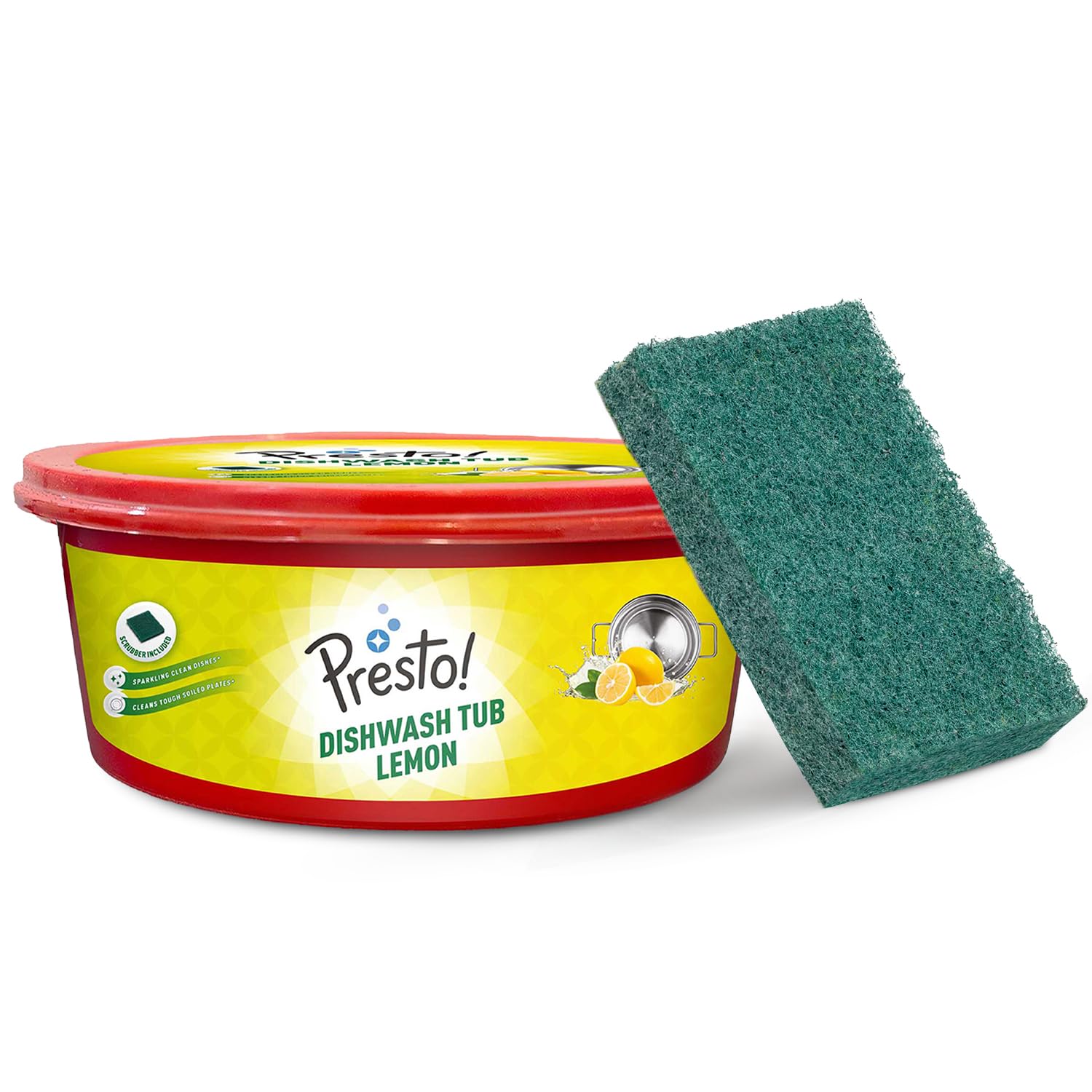 Amazon Brand - Presto! Dishwash Tub Bar | 700 Gram | With Free Scrub Pad | Lemon | Round Shape For Longer Use | Tough On Grease | Gentle On Hands