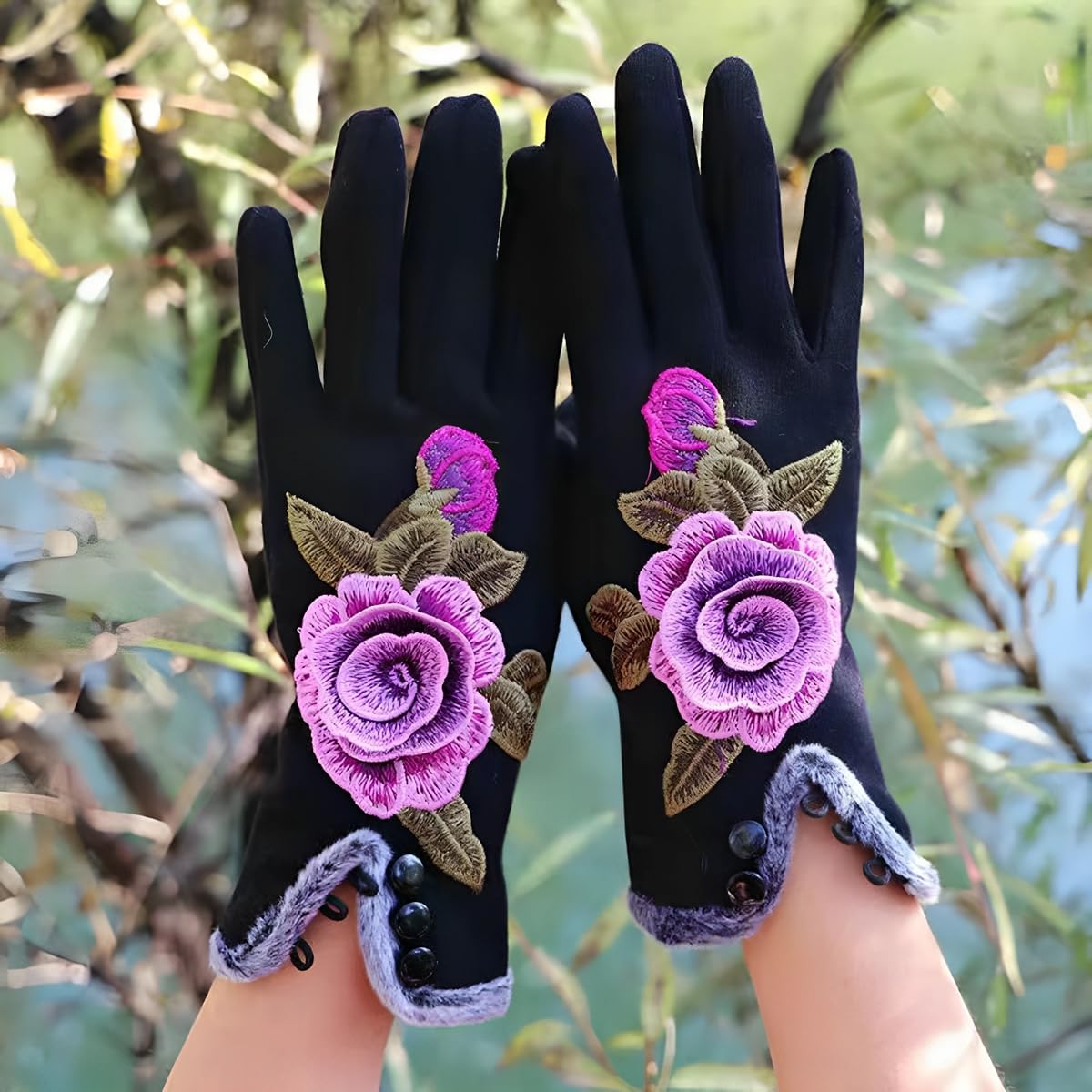 Specell Women Winter Warm Gloves Embroidered Flowers Fleece Lining Touchscreen Fingertips Mittens Windproof for Cold Weather
