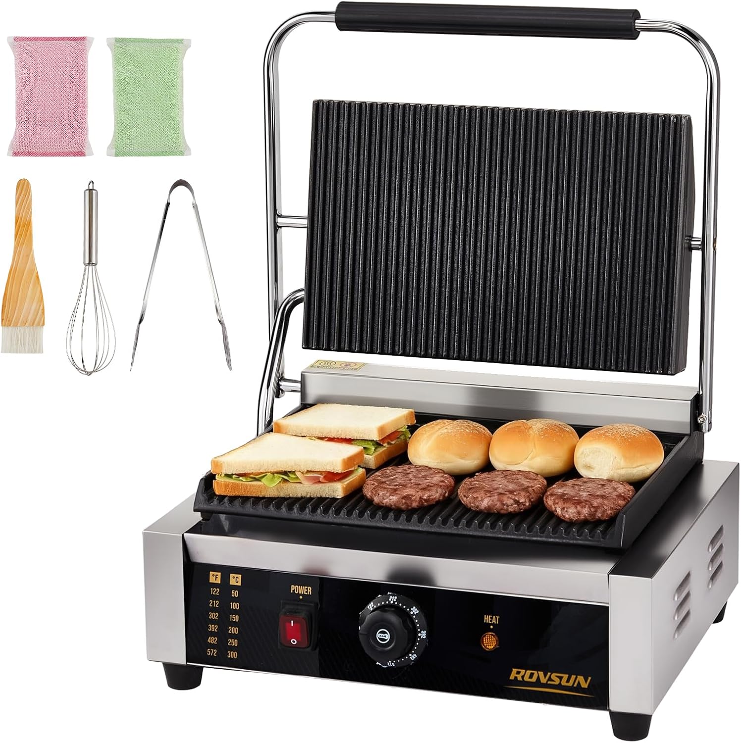 Bonnlo 811E Commercial Sandwich Make, 2200W Stainless Steel Countertop Panini Press Grill with Adjustable Temp 122°F–572°F, For Steak, Burgers, Home & Restaurant Use, 110V, Silver