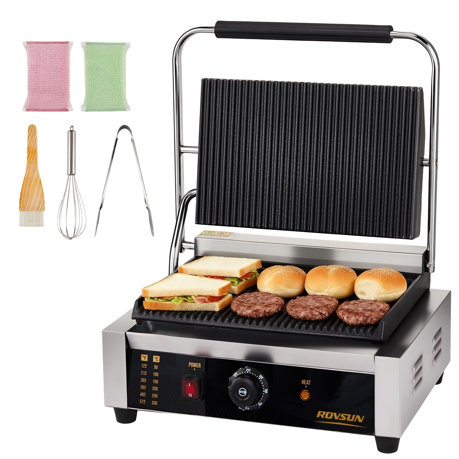 ROVSUN 811E Commercial Panini Press Grill, 2200W Stainless Steel Electric Countertop Sandwich Maker with Adjustable Temp 122°F–572°F, For Steak, Burgers, Home &amp; Restaurant Use, 110V, Silver