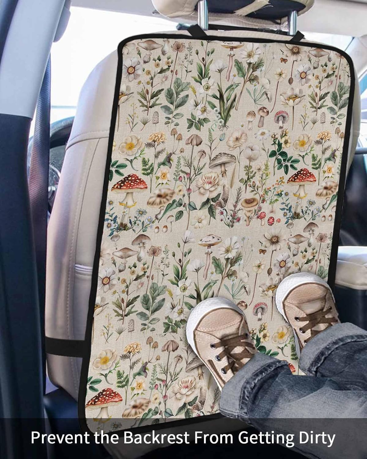 T&H XHome Car Seat Protector, 2 Pack Kick Mats Back Seat Protector Mushroom Spring Floral Summer Plant Leaves Linen Waterproof Backseat Cover for Kids Universal Fit Automotive Interior Protectors