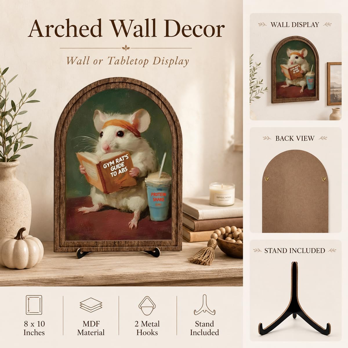 Wooden Tabletop Sign Funny Mouse Decor for Bookshelf Desk Shelf, Vintage Reading Animal Art, Arched Wooden Sign with Stand Decoration, Rustic Home Gym Office Decor image 4