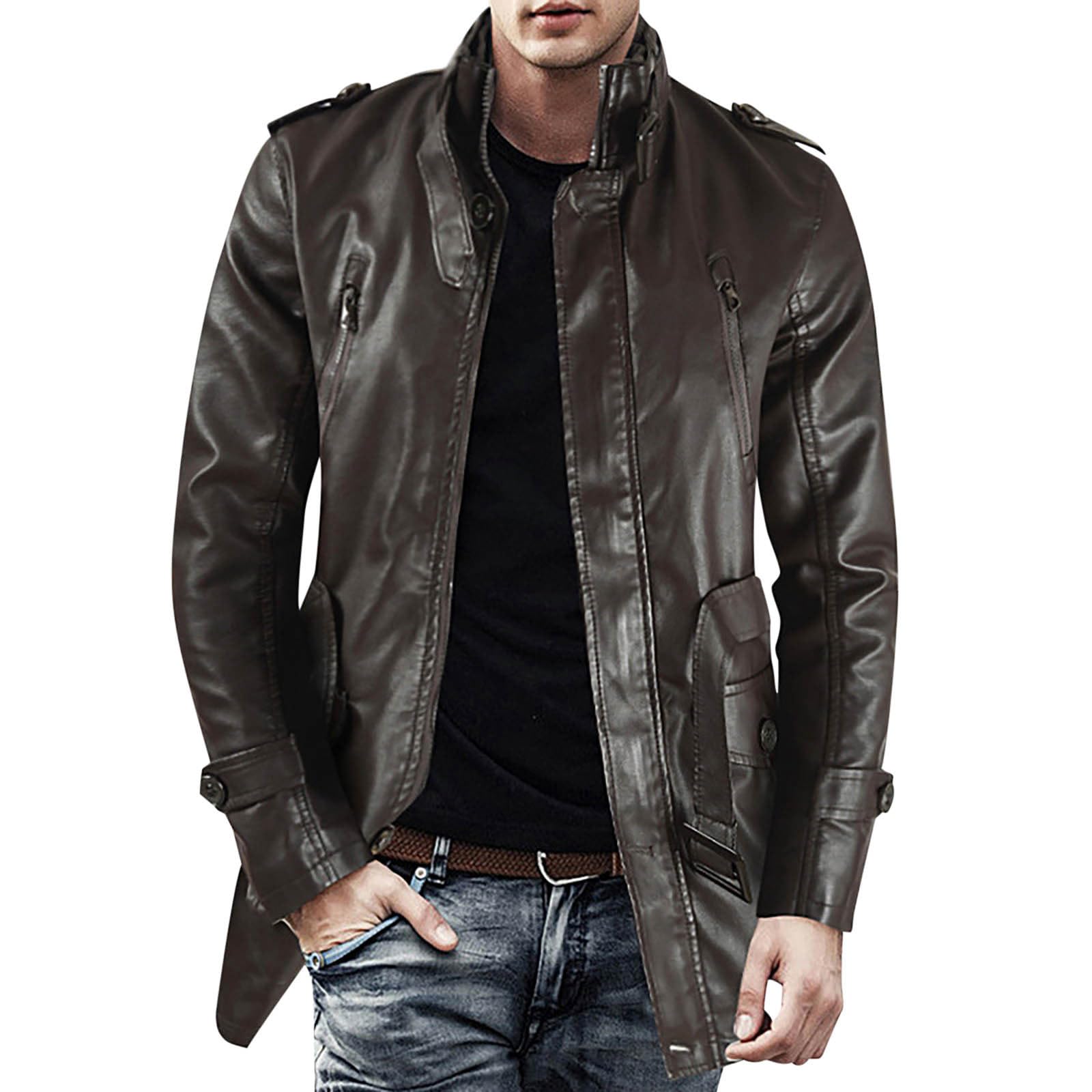 Chaqueta de invierno de cuero casual para hombre, gabardina de manga larga y cuello alto con cremallera