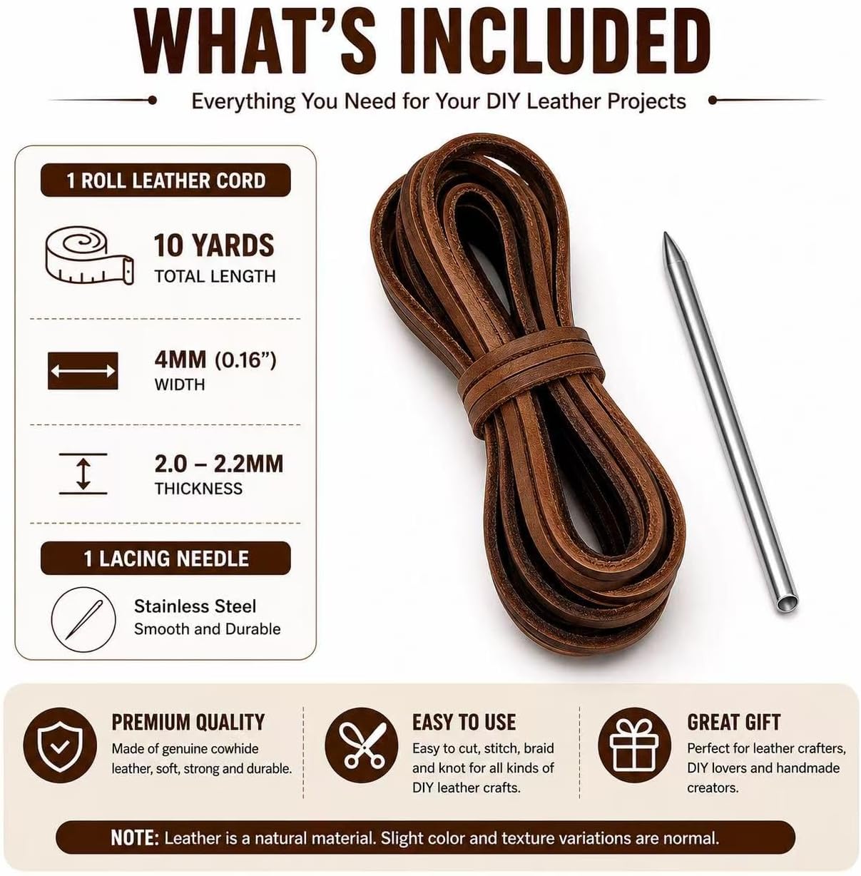 10 Yards Flat Genuine Leather Cord, 4mm Leather Strips for Crafts, Full Grain Cowhide Leather Lace with Needle for Braiding, Jewelry Making, Bracelets, Bags, Wallets and DIY Projects(Brown)