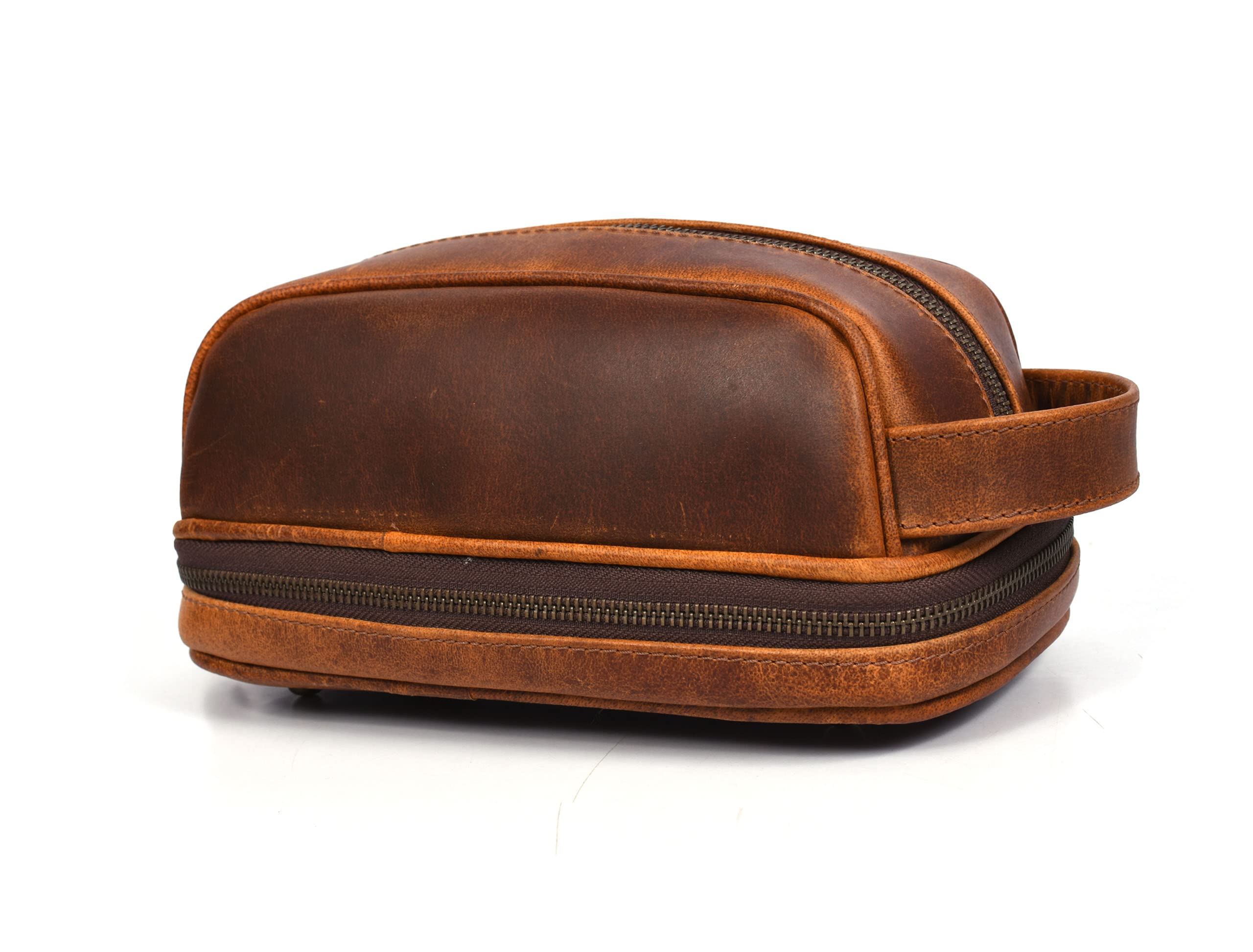 AARON LEATHER GOODS VENDIMIA ESTILOLeather Toiletry Bag Medium Size with 2 Compartment by Aaron Leather Goods (Caramel)