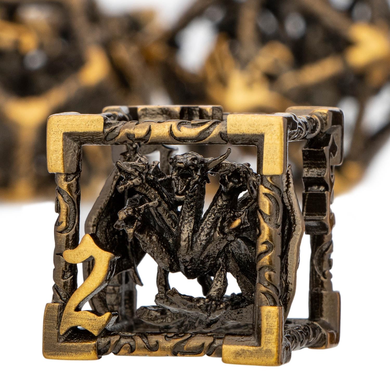 ARUOHHA Hollow DND Dice Set Antique Gold 5-Headed Dragons D and D Dice with Gift Box, RPG Role Playing Games 7PCS Metal Dungeons Polyhedral Dice Set D20 D12 D10 D8 D6 D4