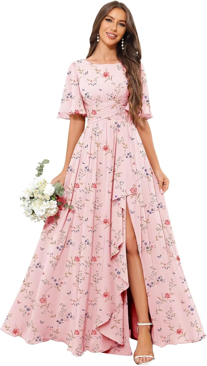 OFEECHUN Flutter Sleeve Chiffon Bridesmaid Dresses for Women with Slit A Line Ruffle Formal Wedding Guest Dress with Pockets