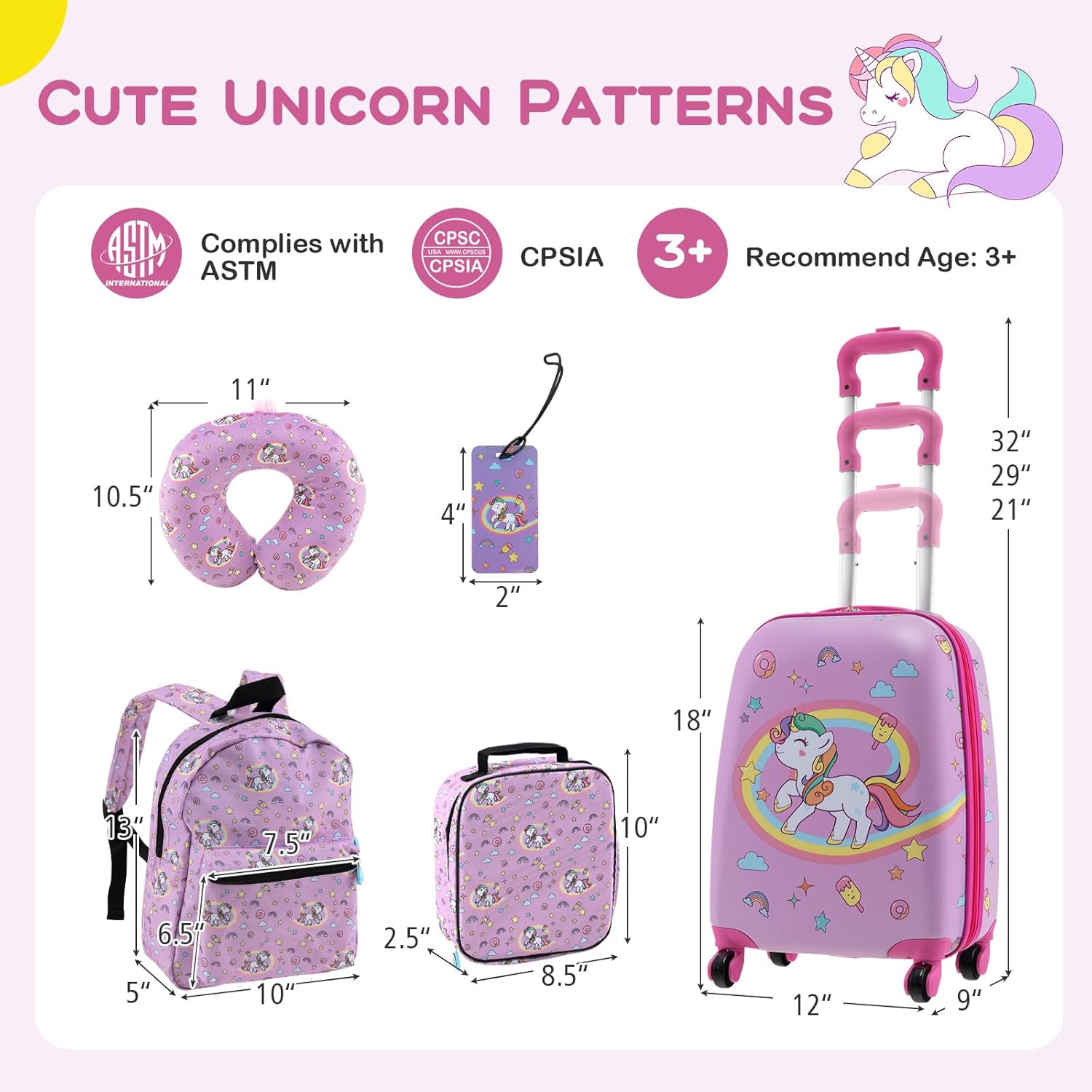 KOTEK Kids Luggage, 5 Piece Suitcase Set, 16” Hardside Spinner Luggage with Wheels, Toddler Carry on Luggage Airline Approved, Travel Rolling Suitcase for Boys Girls (Pink Unicorn)